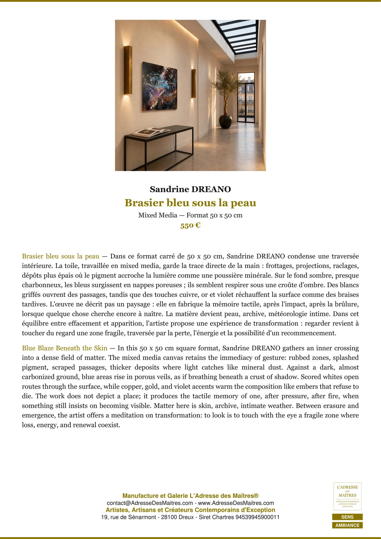 Fiche Premium Ambiance - Brasier bleu sous la peau - Sandrine DREANO - L'Adresse des Maîtres®