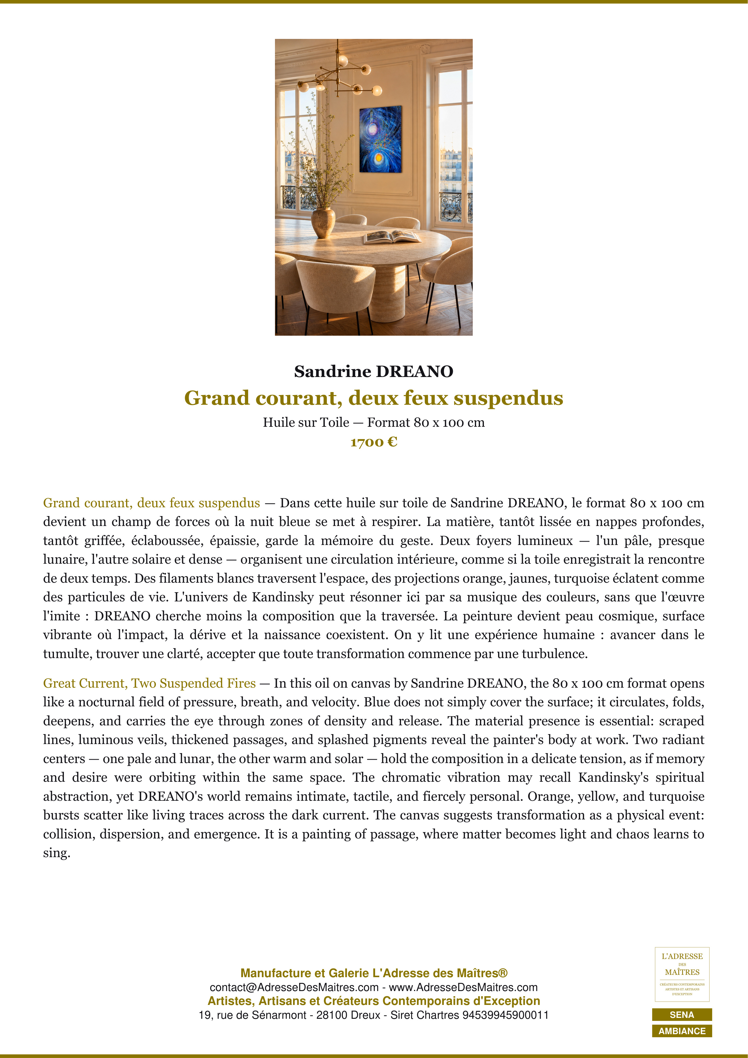 Fiche Premium Ambiance — Grand courant, deux feux suspendus — Sandrine DREANO — L'Adresse des Maîtres®