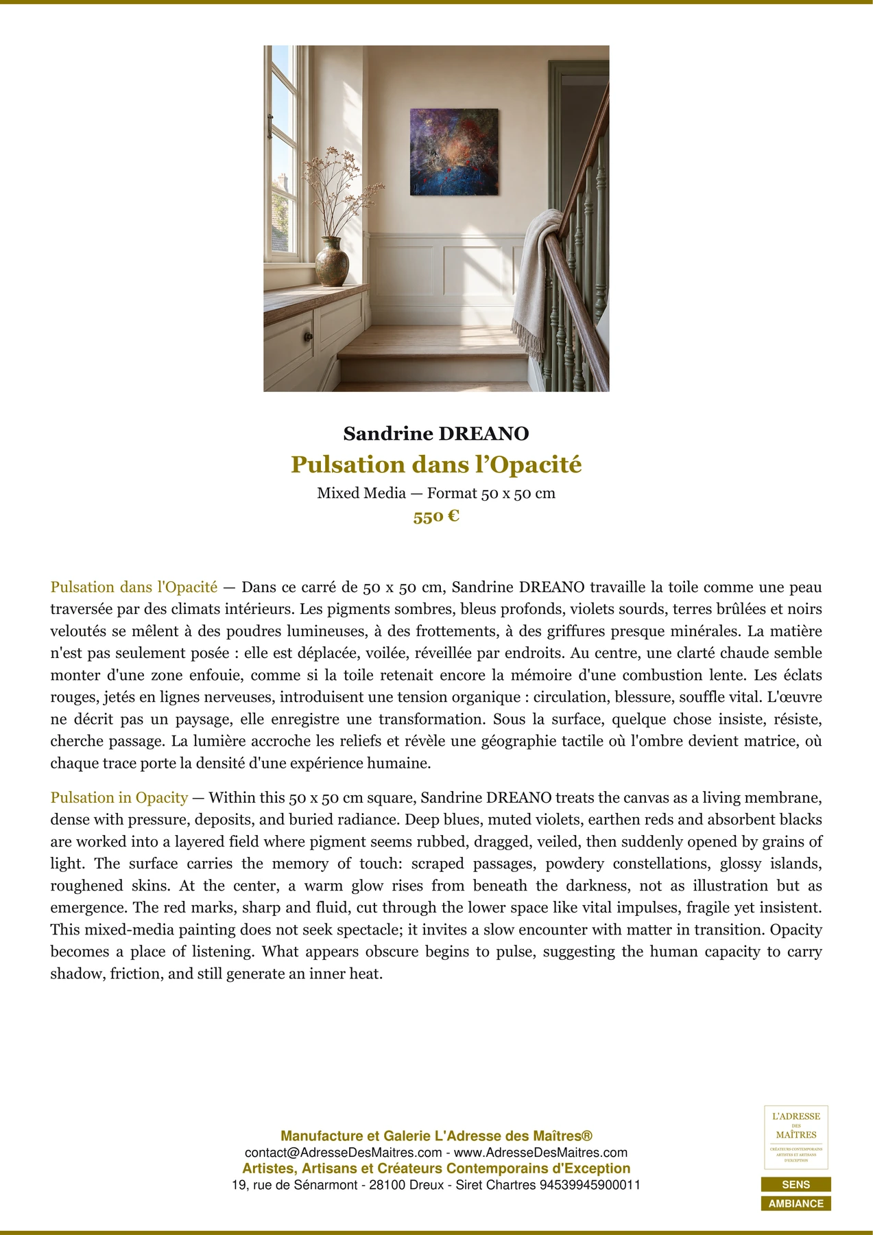 Fiche Premium Ambiance - Pulsation dans l’Opacité - Sandrine DREANO - L'Adresse des Maîtres®