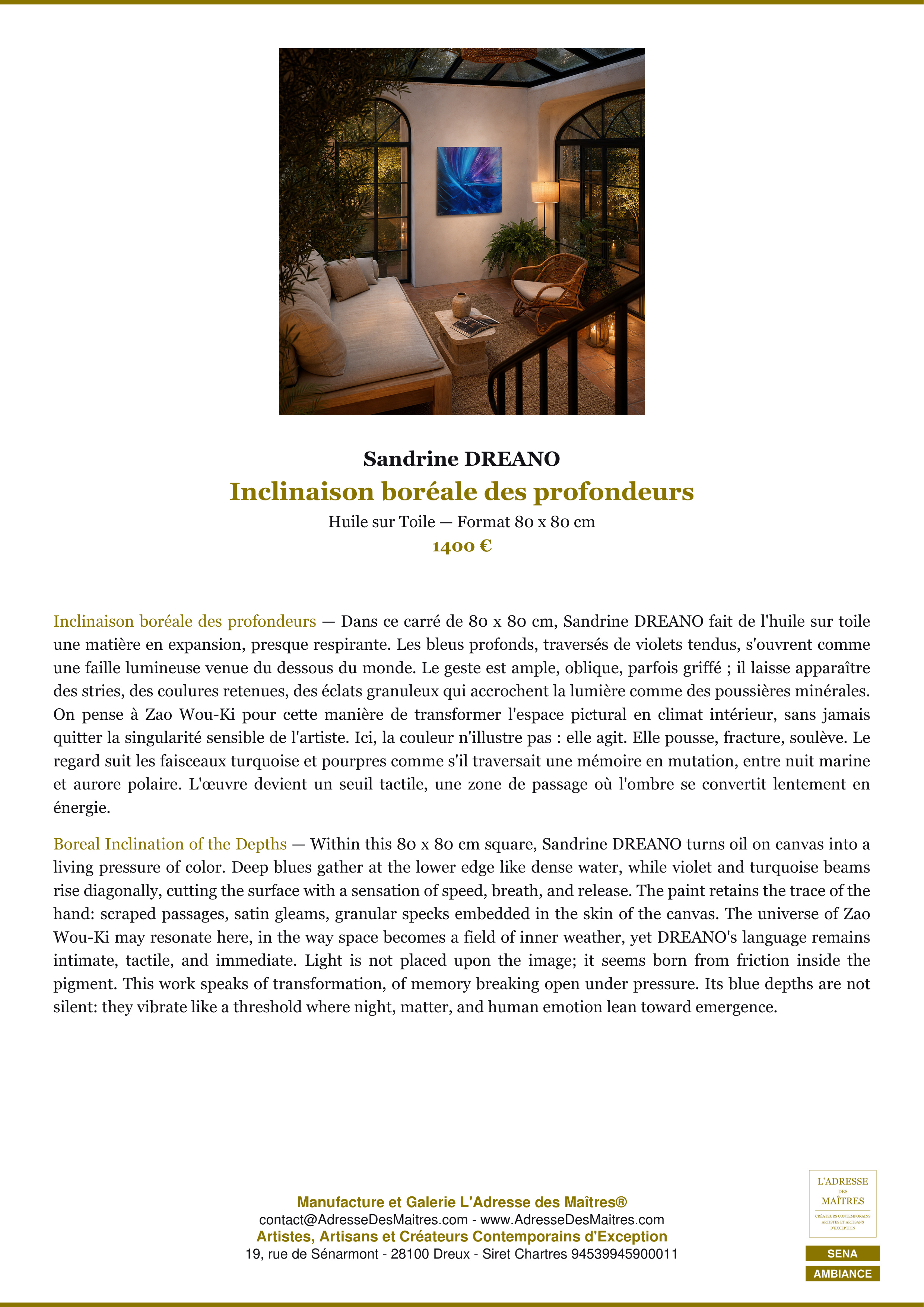 Fiche Premium Ambiance — Inclinaison boréale des profondeurs — Sandrine DREANO — L'Adresse des Maîtres®