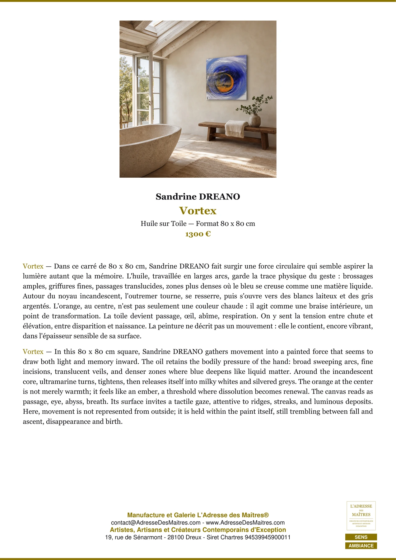 Fiche Premium Ambiance - Vortex - Sandrine DREANO - L'Adresse des Maîtres®