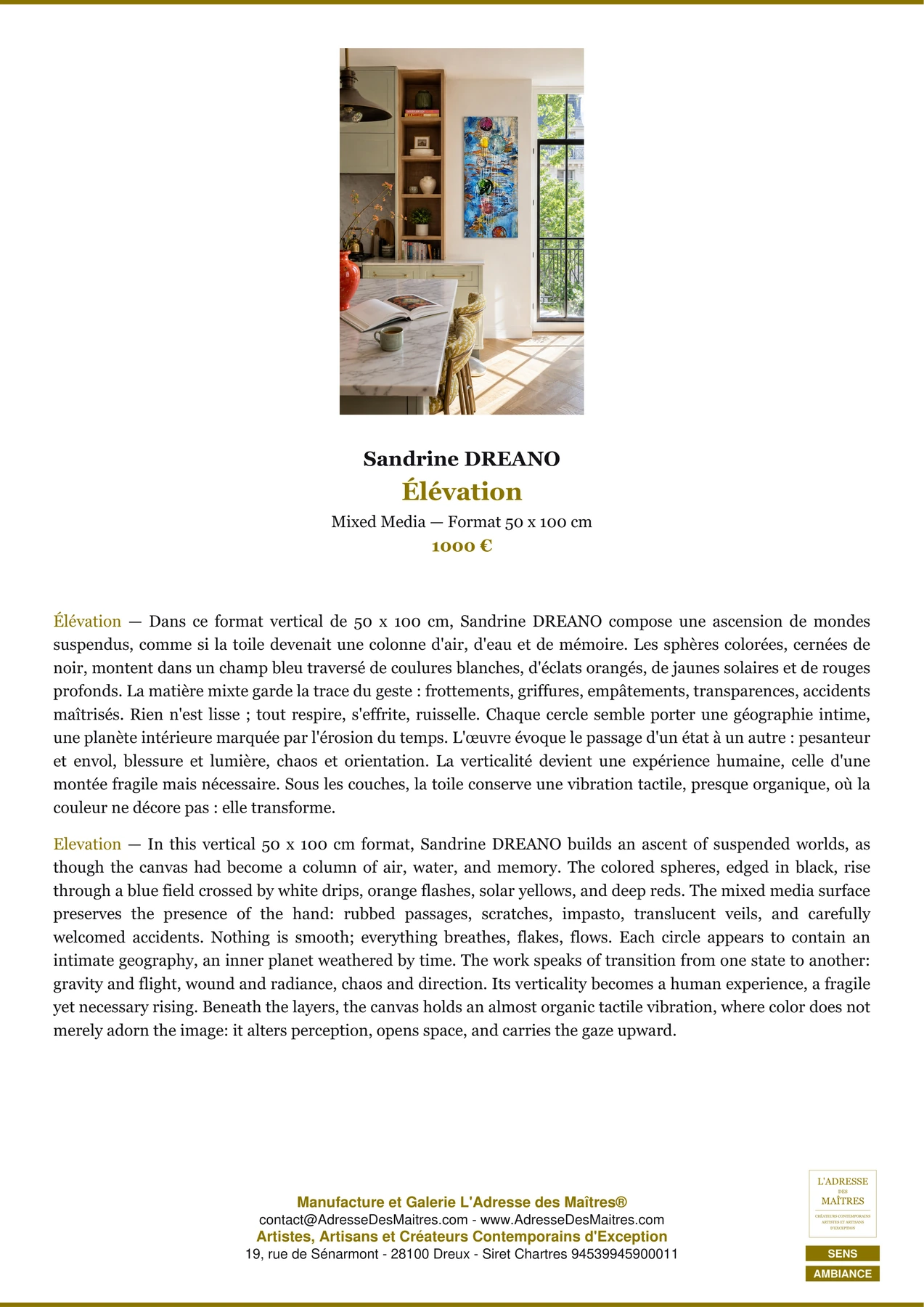 Fiche Premium Ambiance - Élévation - Sandrine DREANO - L'Adresse des Maîtres®