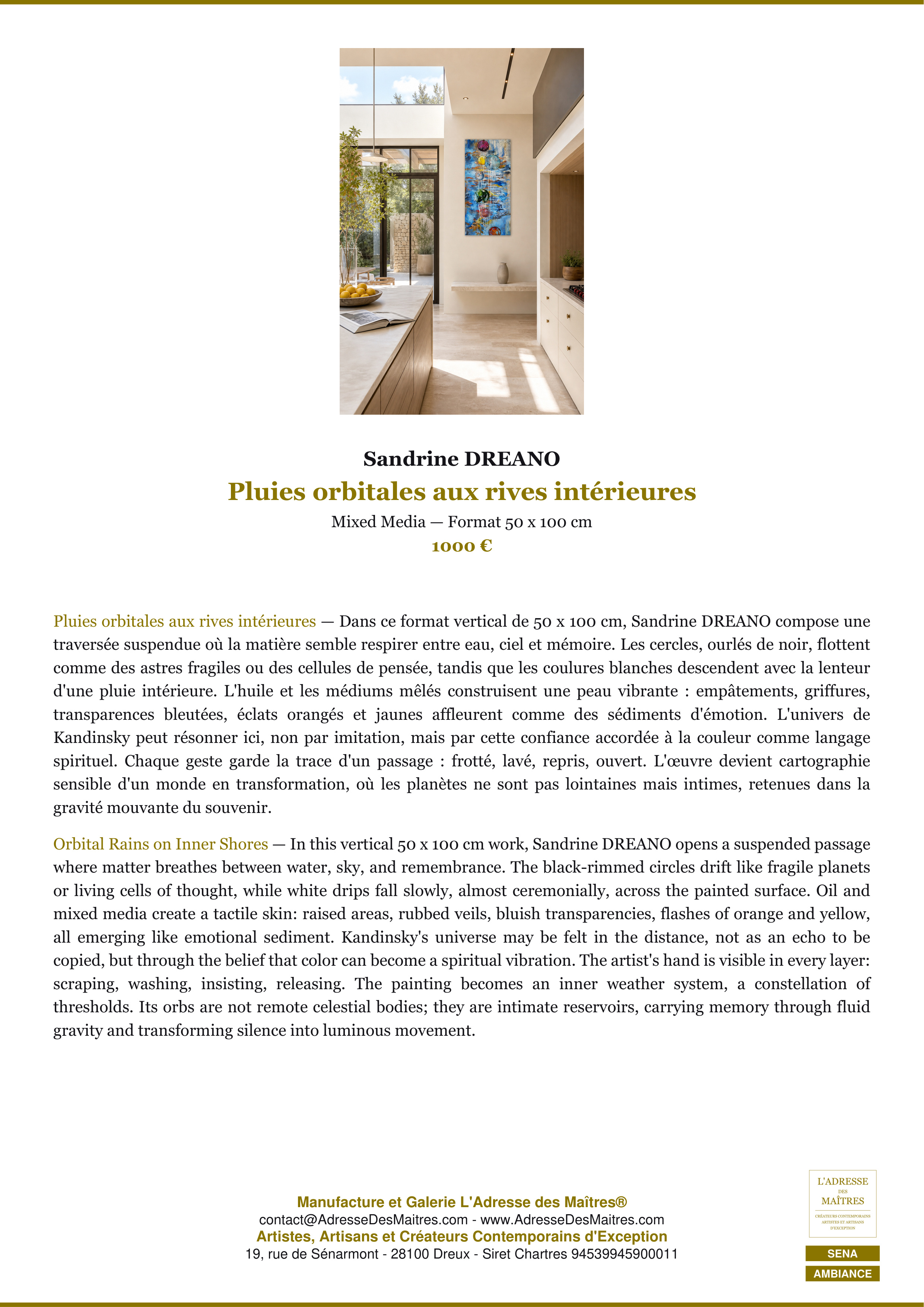 Fiche Premium Ambiance — Pluies orbitales aux rives intérieures — Sandrine DREANO — L'Adresse des Maîtres®
