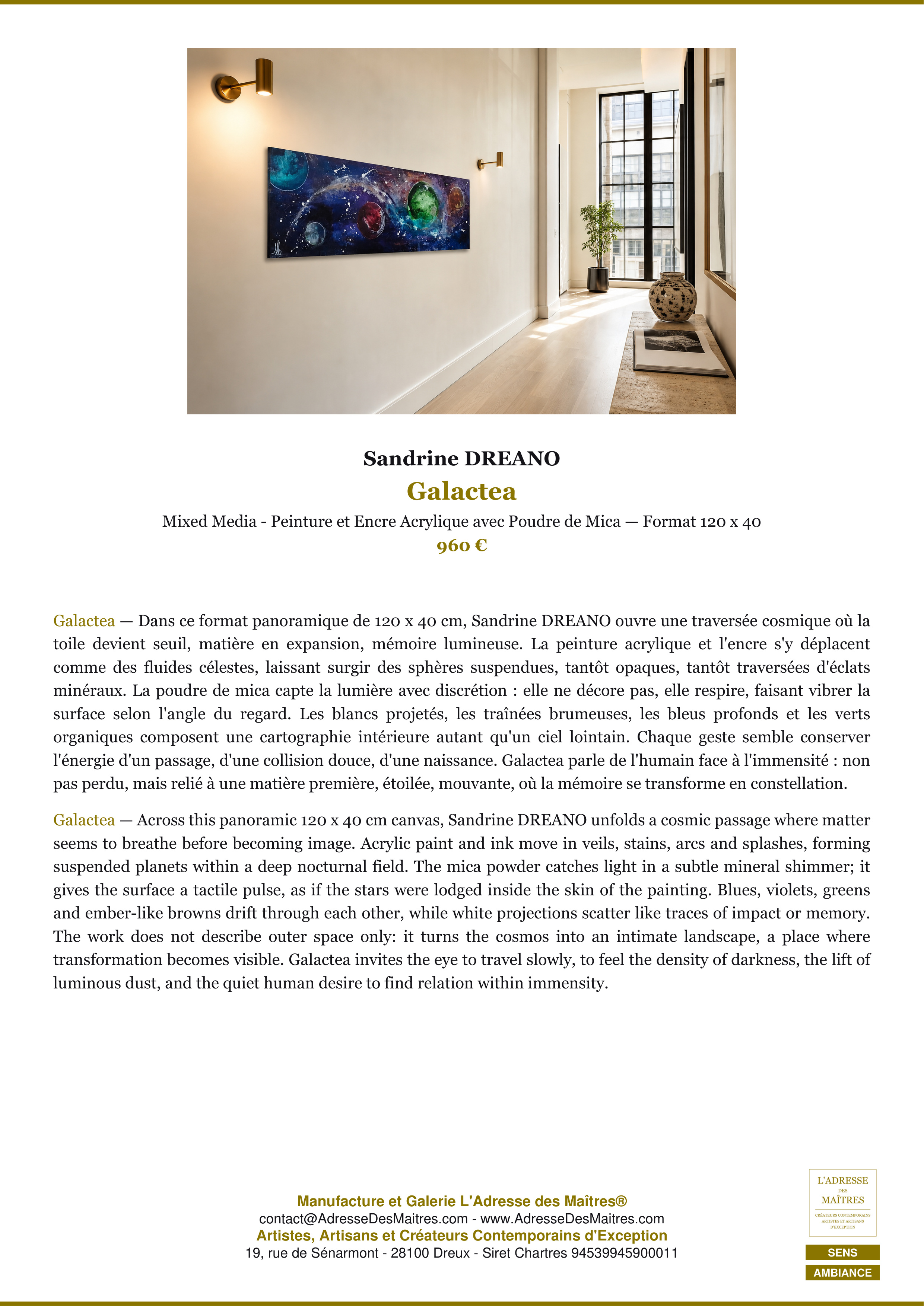 Fiche Premium Ambiance — Galactea — Sandrine DREANO — L'Adresse des Maîtres®