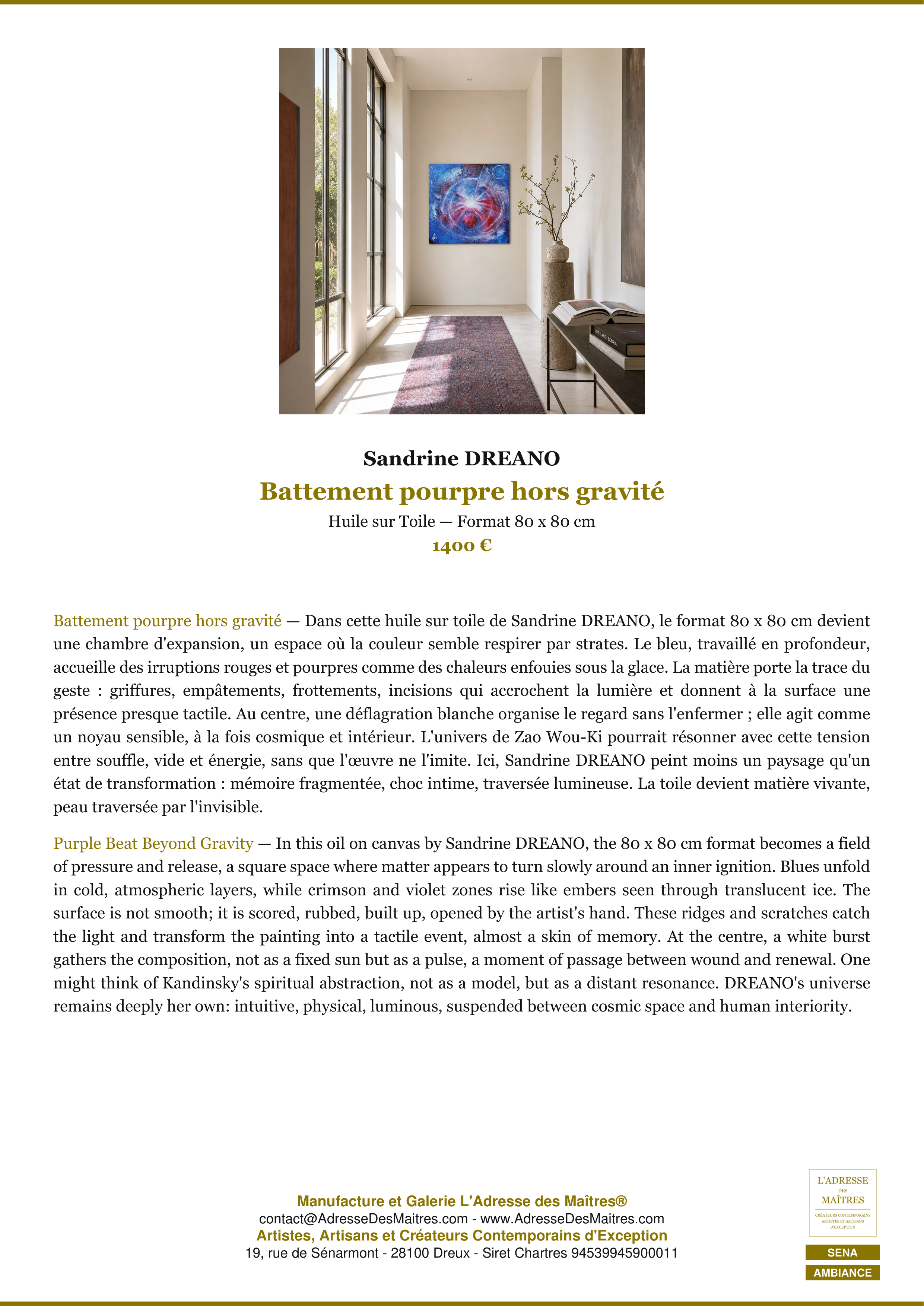 Fiche Premium Ambiance — Battement pourpre hors gravité — Sandrine DREANO — L'Adresse des Maîtres®