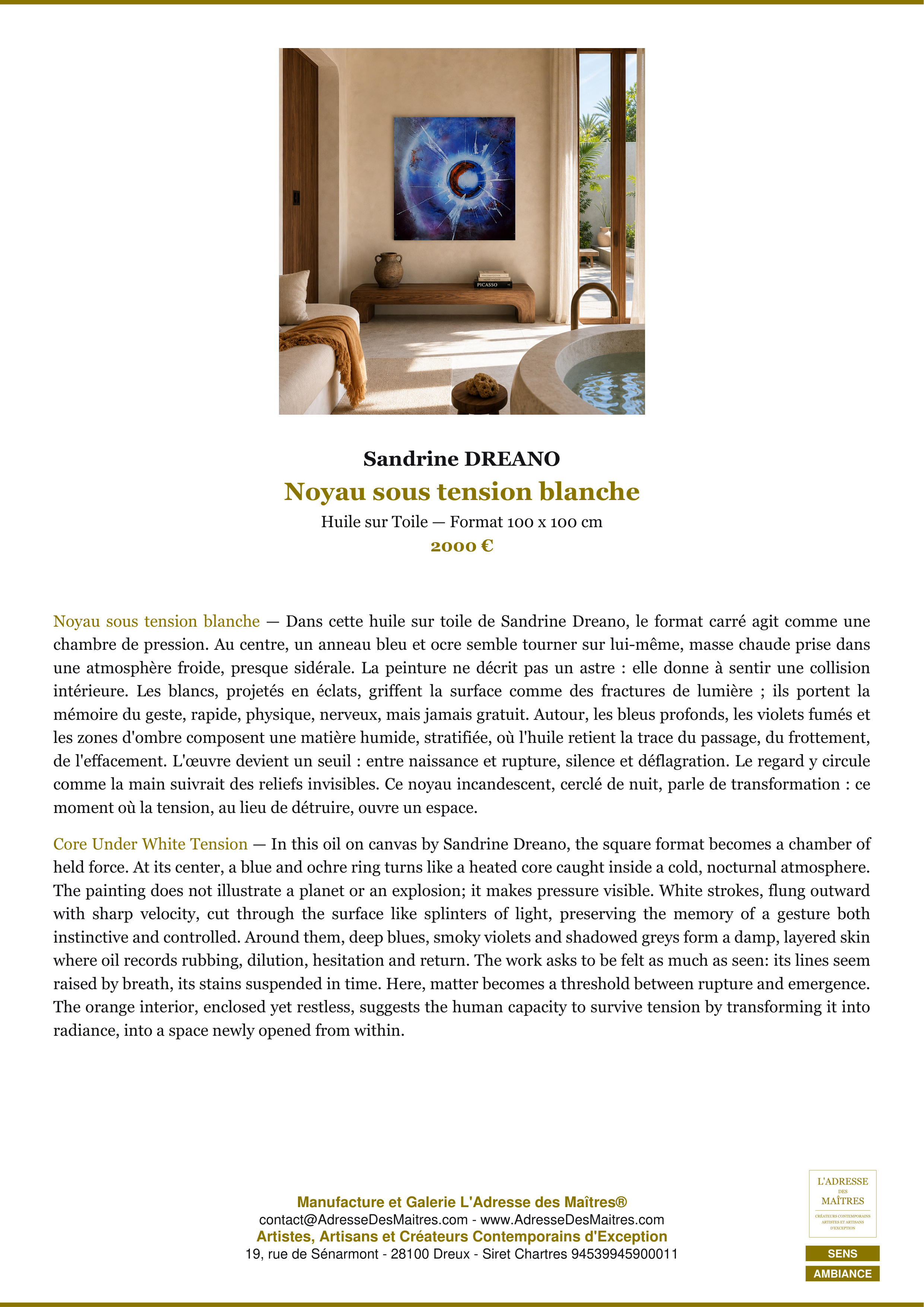 Fiche Premium Ambiance — Noyau sous tension blanche — Sandrine DREANO — L'Adresse des Maîtres®