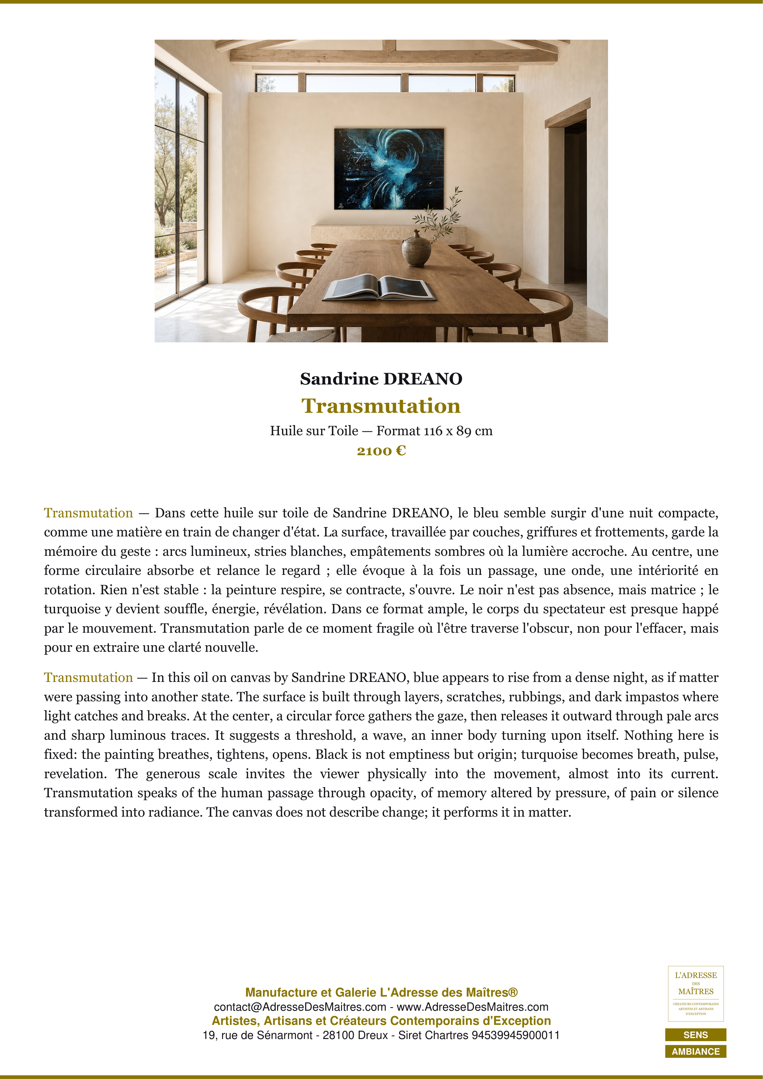 Fiche Premium Ambiance — Transmutation — Sandrine DREANO — L'Adresse des Maîtres®