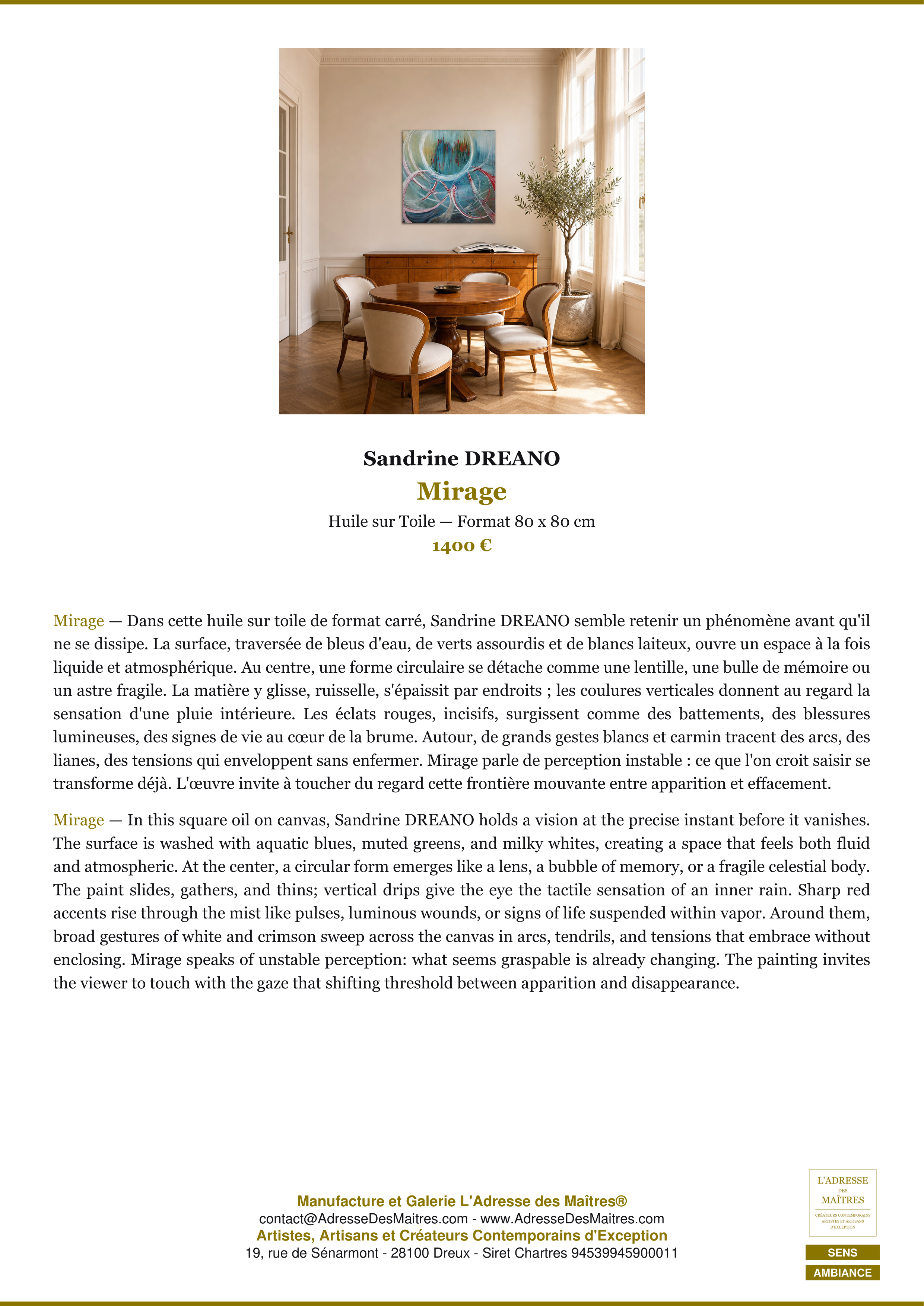 Fiche Premium Ambiance — Mirage — Sandrine DREANO — L'Adresse des Maîtres®