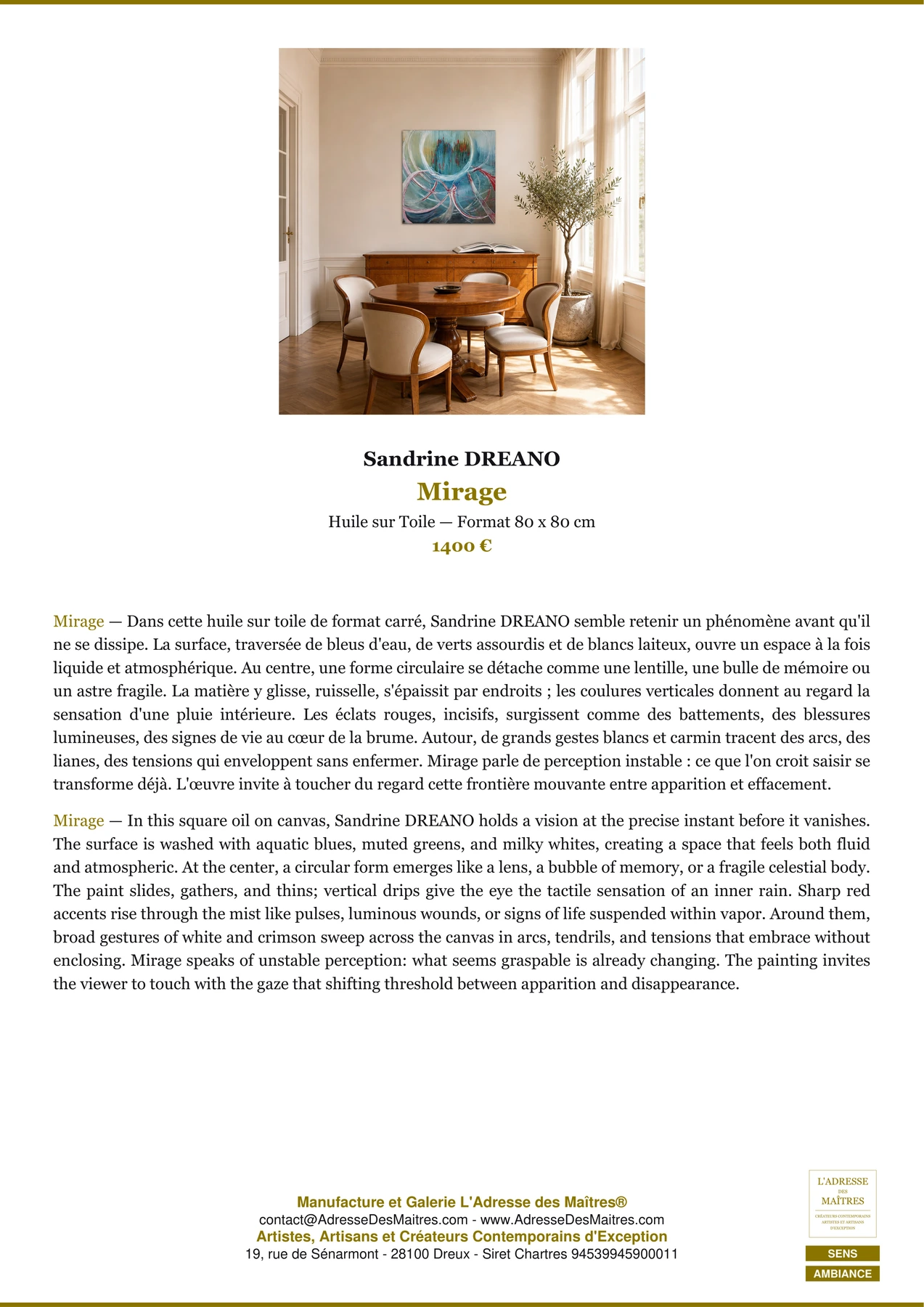 Fiche Premium Ambiance - Mirage - Sandrine DREANO - L'Adresse des Maîtres®