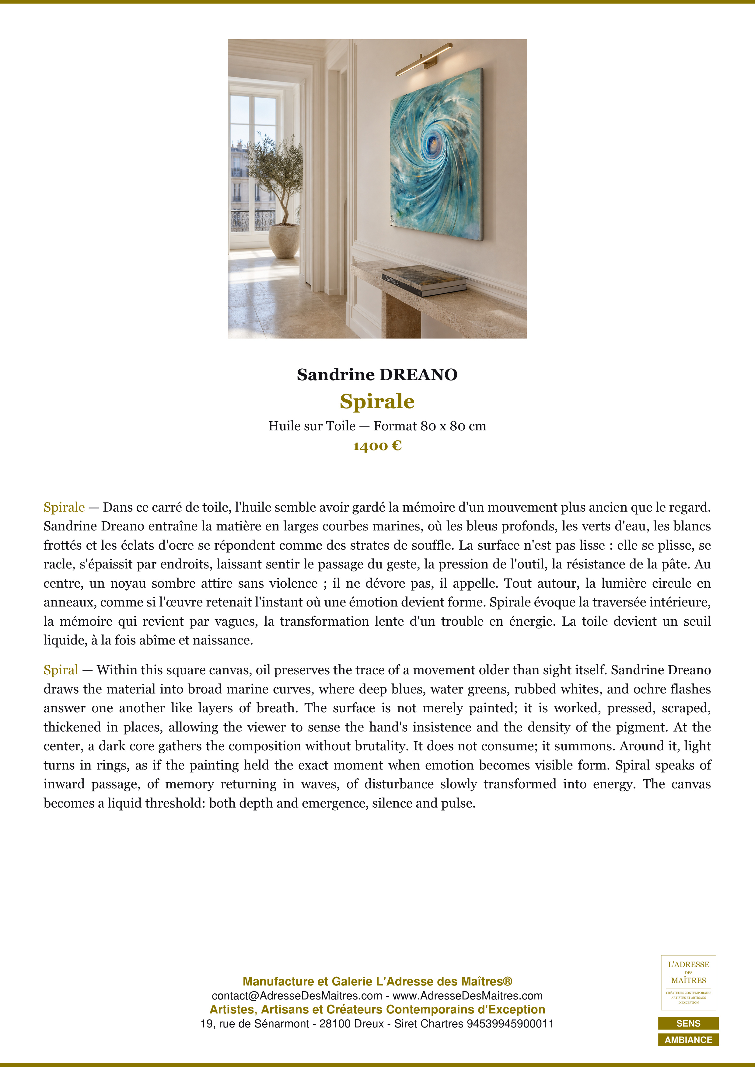 Fiche Premium Ambiance — Spirale — Sandrine DREANO — L'Adresse des Maîtres®