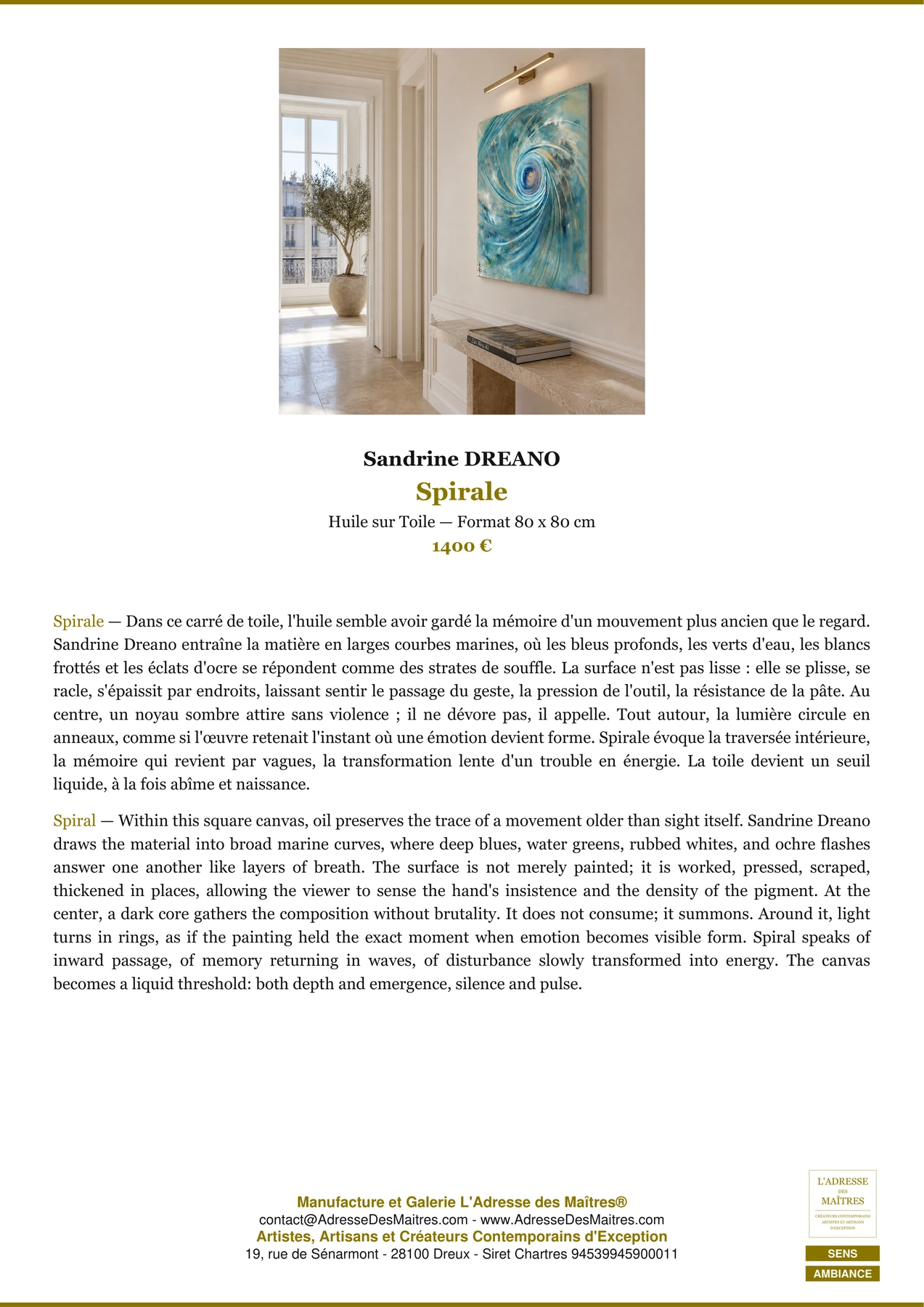 Fiche Premium Ambiance - Spirale - Sandrine DREANO - L'Adresse des Maîtres®