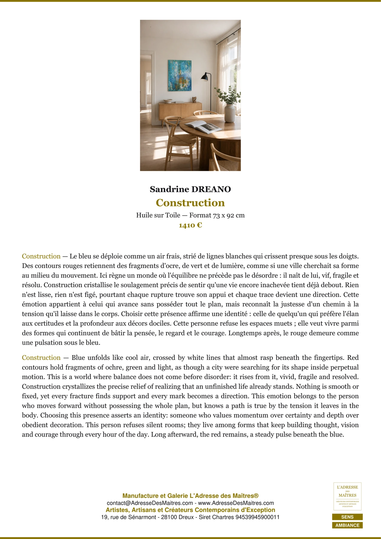 Fiche Premium Ambiance - Construction - Sandrine DREANO - L'Adresse des Maîtres®