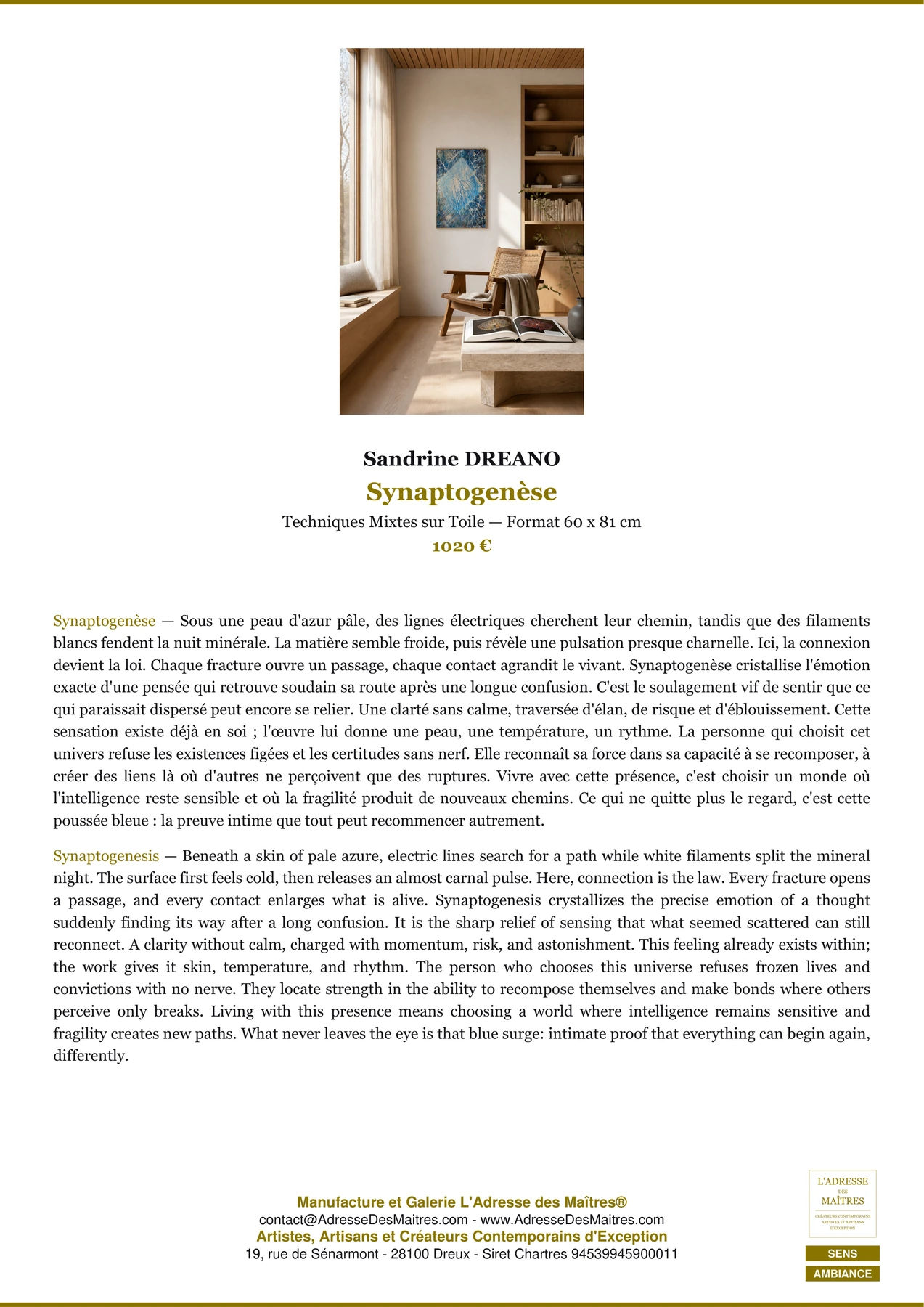 Fiche Premium Ambiance - Synaptogenèse - Sandrine DREANO - L'Adresse des Maîtres®