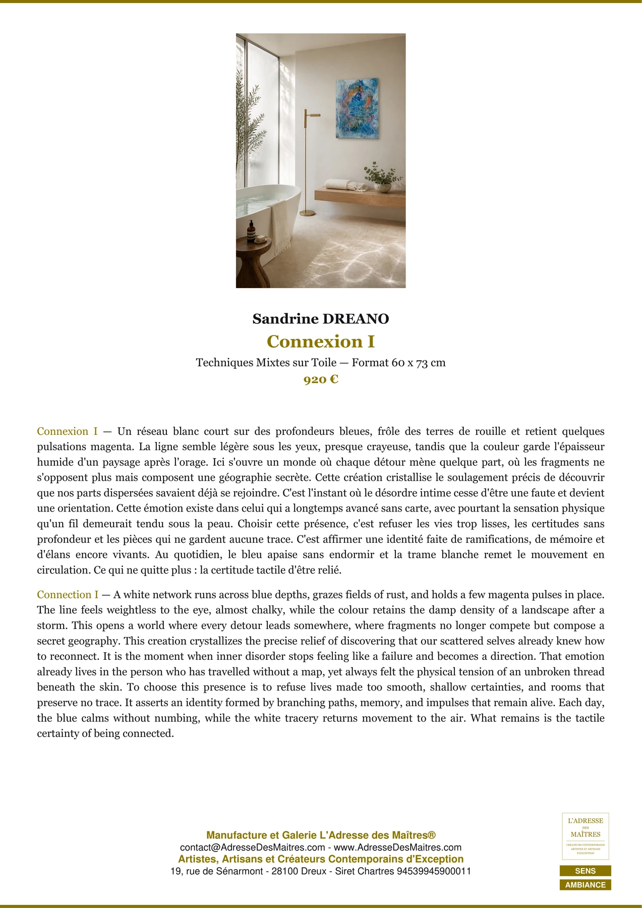 Fiche Premium Ambiance - Connexion I - Sandrine DREANO - L'Adresse des Maîtres®