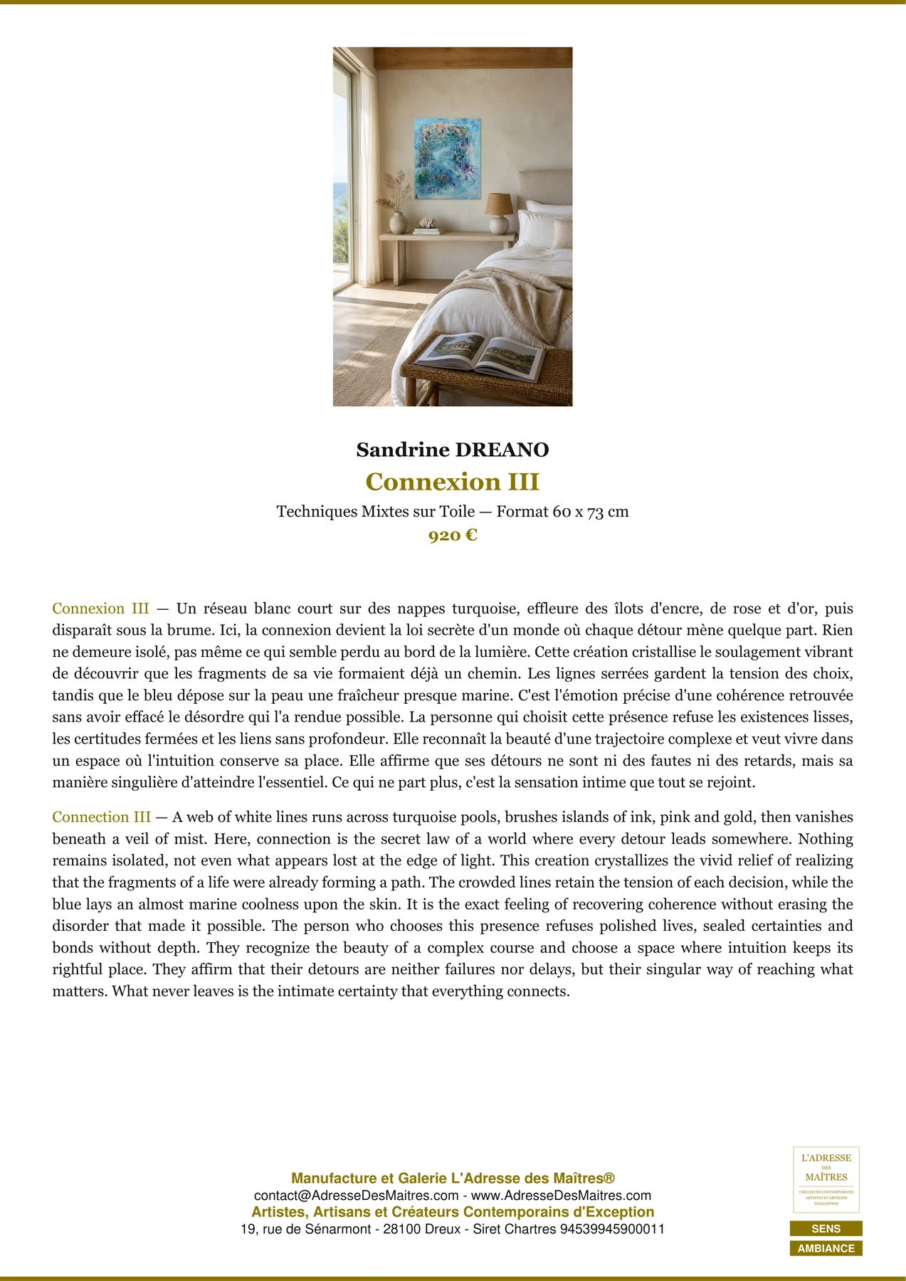 Fiche Premium Ambiance - Connexion III - Sandrine DREANO - L'Adresse des Maîtres®