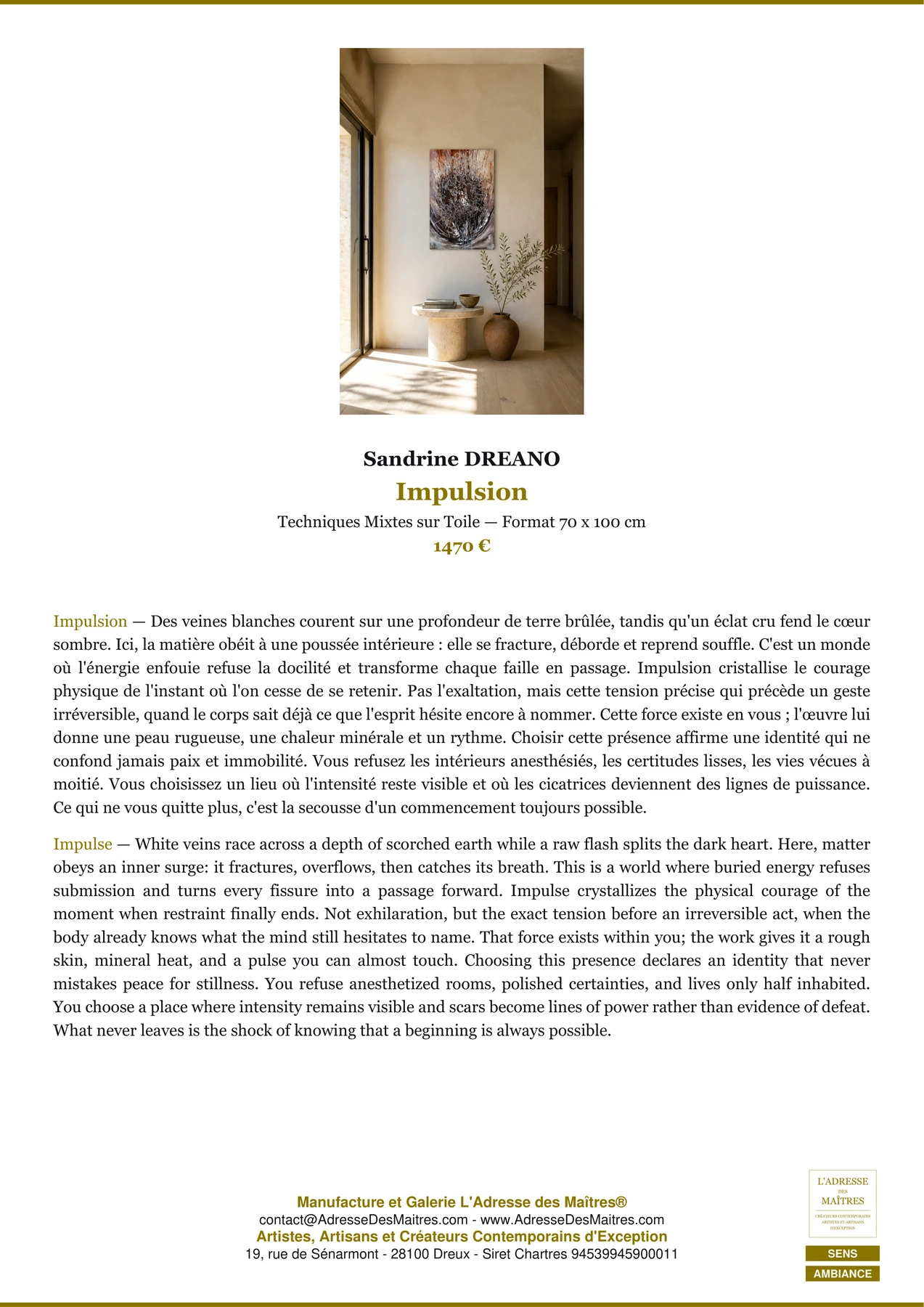 Fiche Premium Ambiance - Impulsion - Sandrine DREANO - L'Adresse des Maîtres®