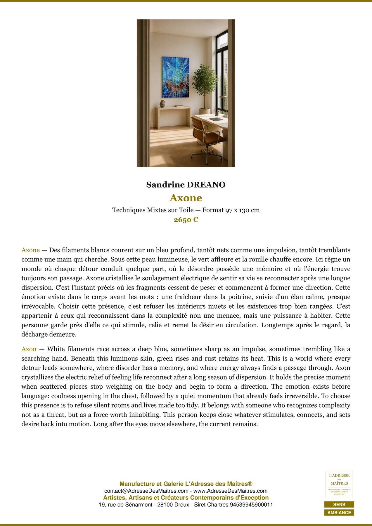 Fiche Premium Ambiance - Axone - Sandrine DREANO - L'Adresse des Maîtres®