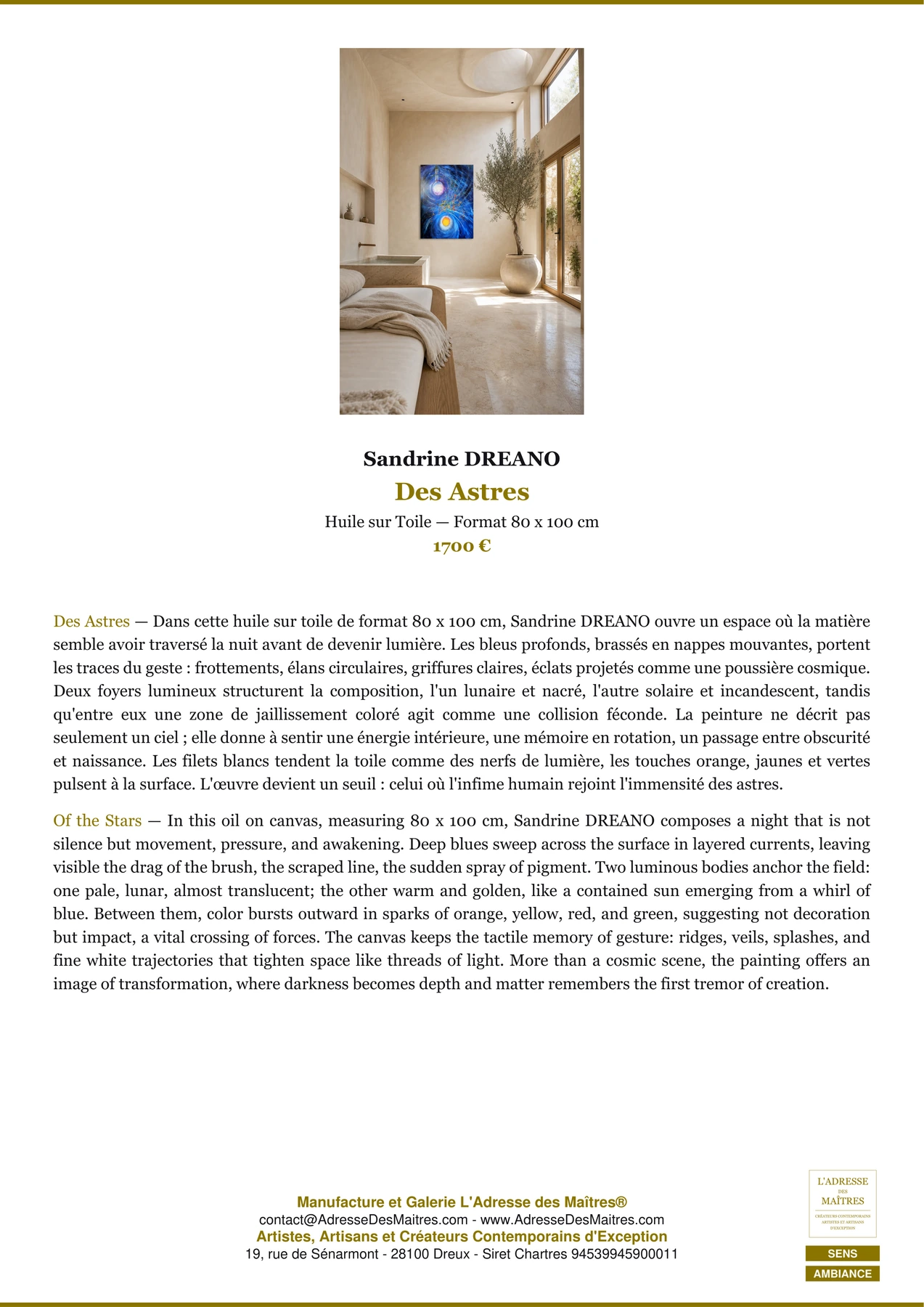 Fiche Premium Ambiance - Des Astres - Sandrine DREANO - L'Adresse des Maîtres®