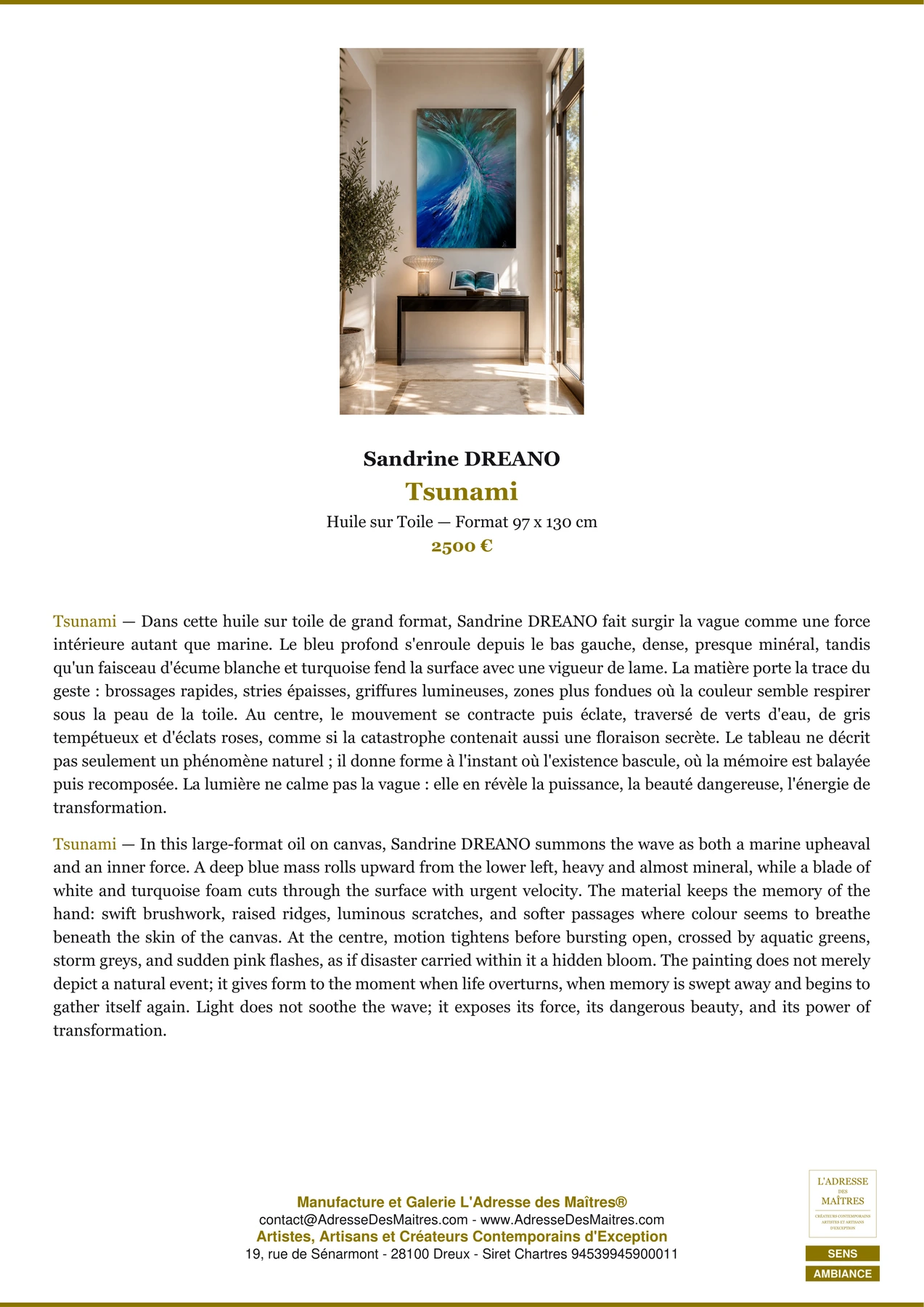 Fiche Premium Ambiance - Tsunami - Sandrine DREANO - L'Adresse des Maîtres®