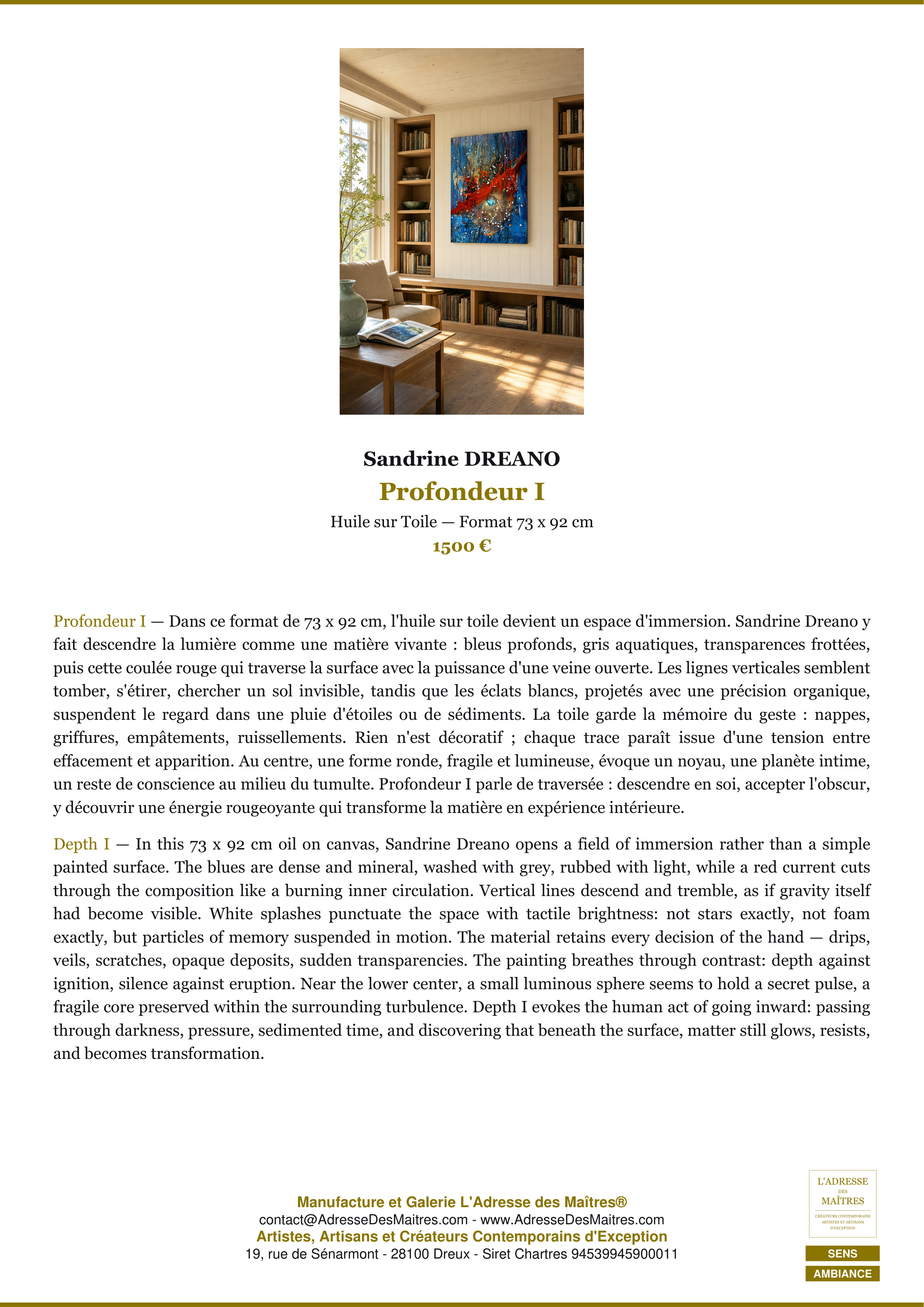 Fiche Premium Ambiance — Profondeur I — Sandrine DREANO — L'Adresse des Maîtres®