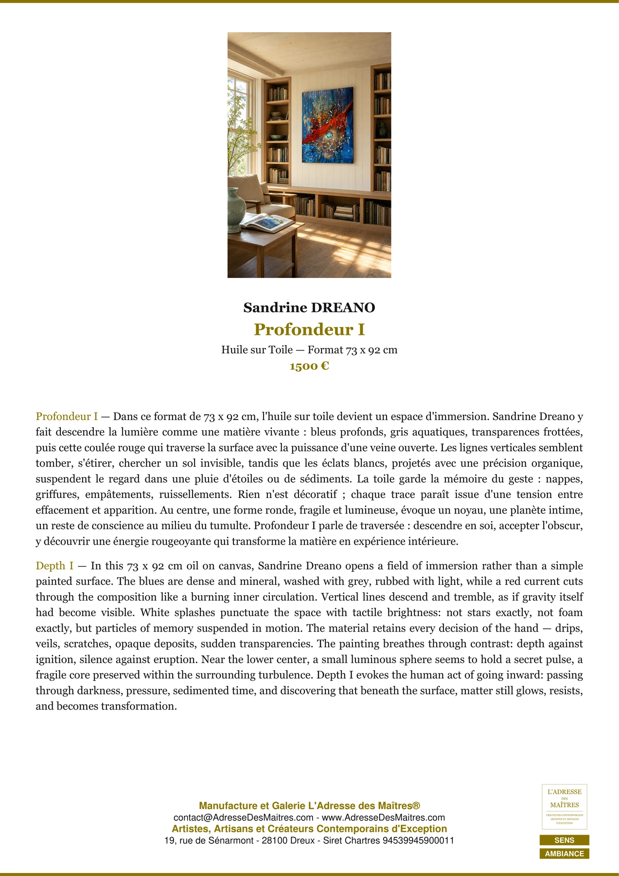 Fiche Premium Ambiance - Profondeur I - Sandrine DREANO - L'Adresse des Maîtres®
