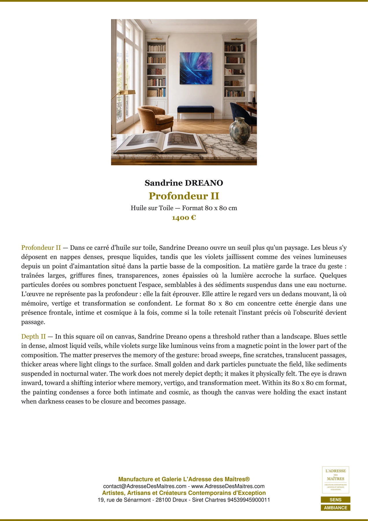 Fiche Premium Ambiance - Profondeur II - Sandrine DREANO - L'Adresse des Maîtres®
