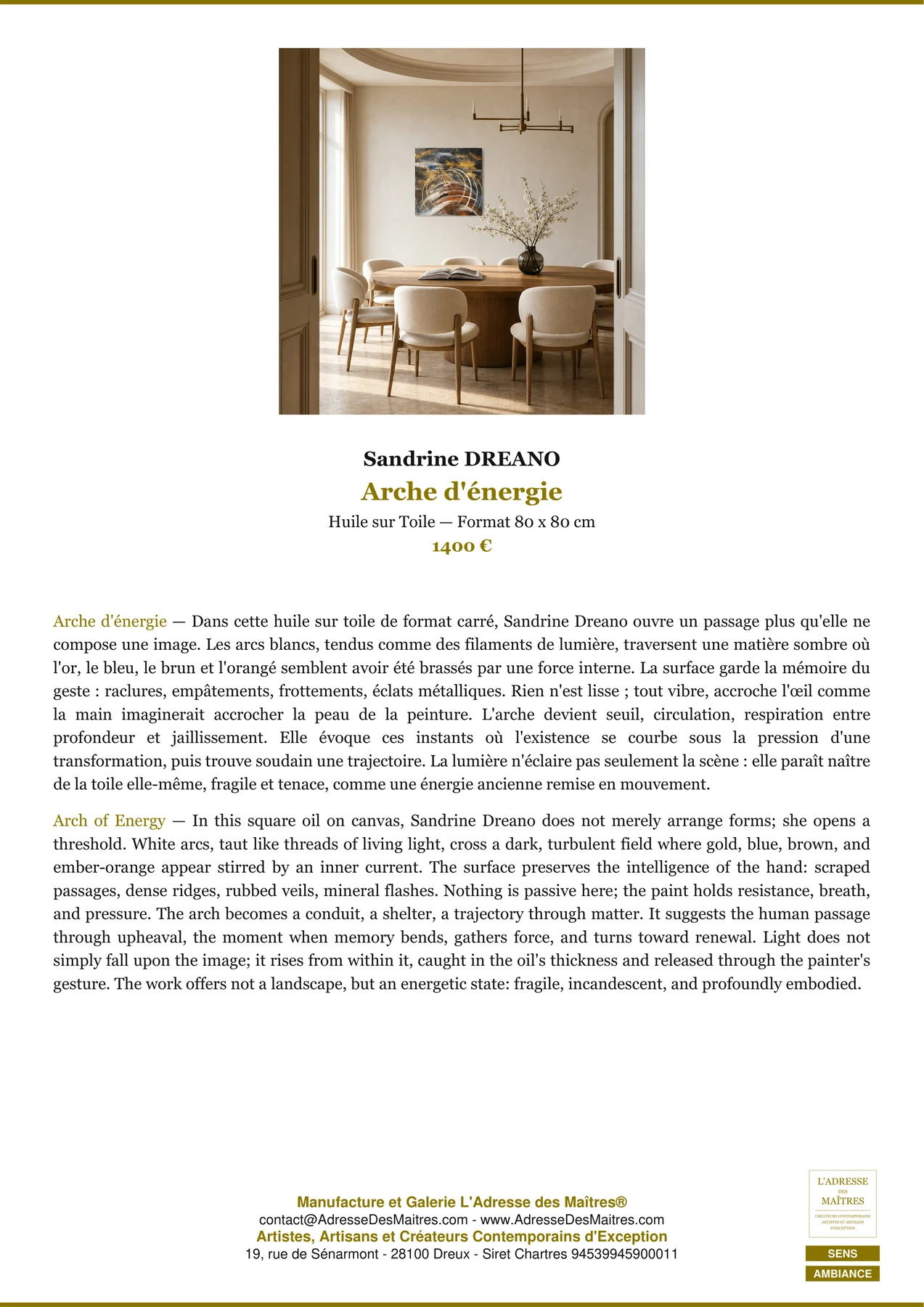 Fiche Premium Ambiance - Arche d'énergie - Sandrine DREANO - L'Adresse des Maîtres®