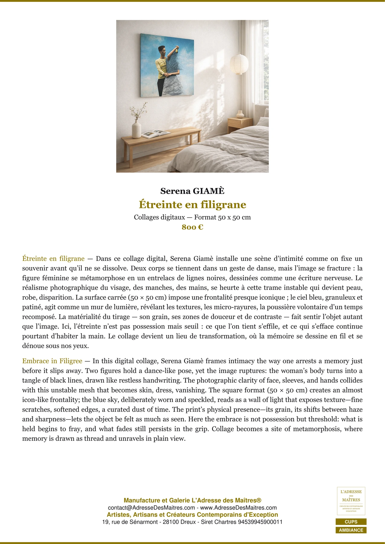 Fiche Premium Ambiance - Étreinte en filigrane - Serena GIAMÈ - L'Adresse des Maîtres®
