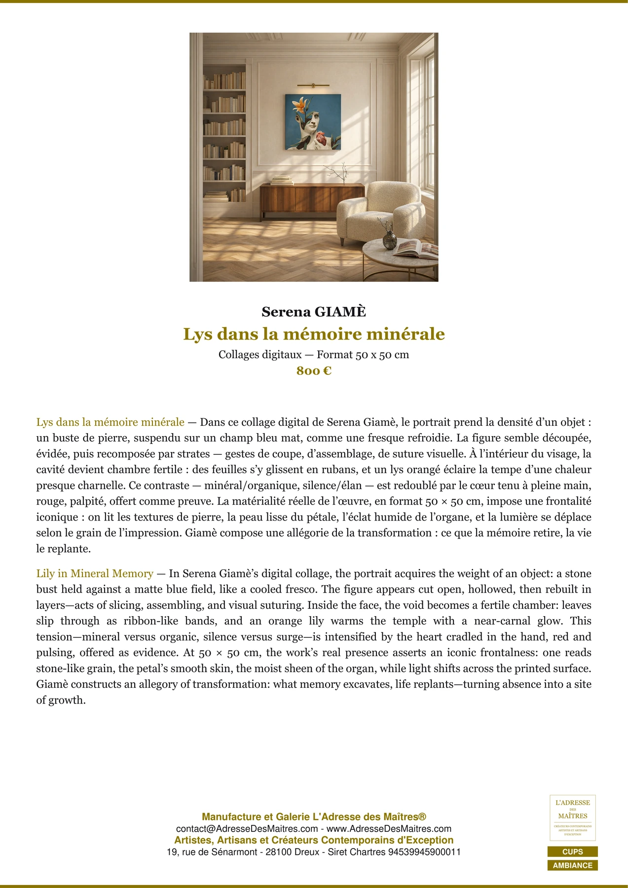 Fiche Premium Ambiance - Lys dans la mémoire minérale - Serena GIAMÈ - L'Adresse des Maîtres®