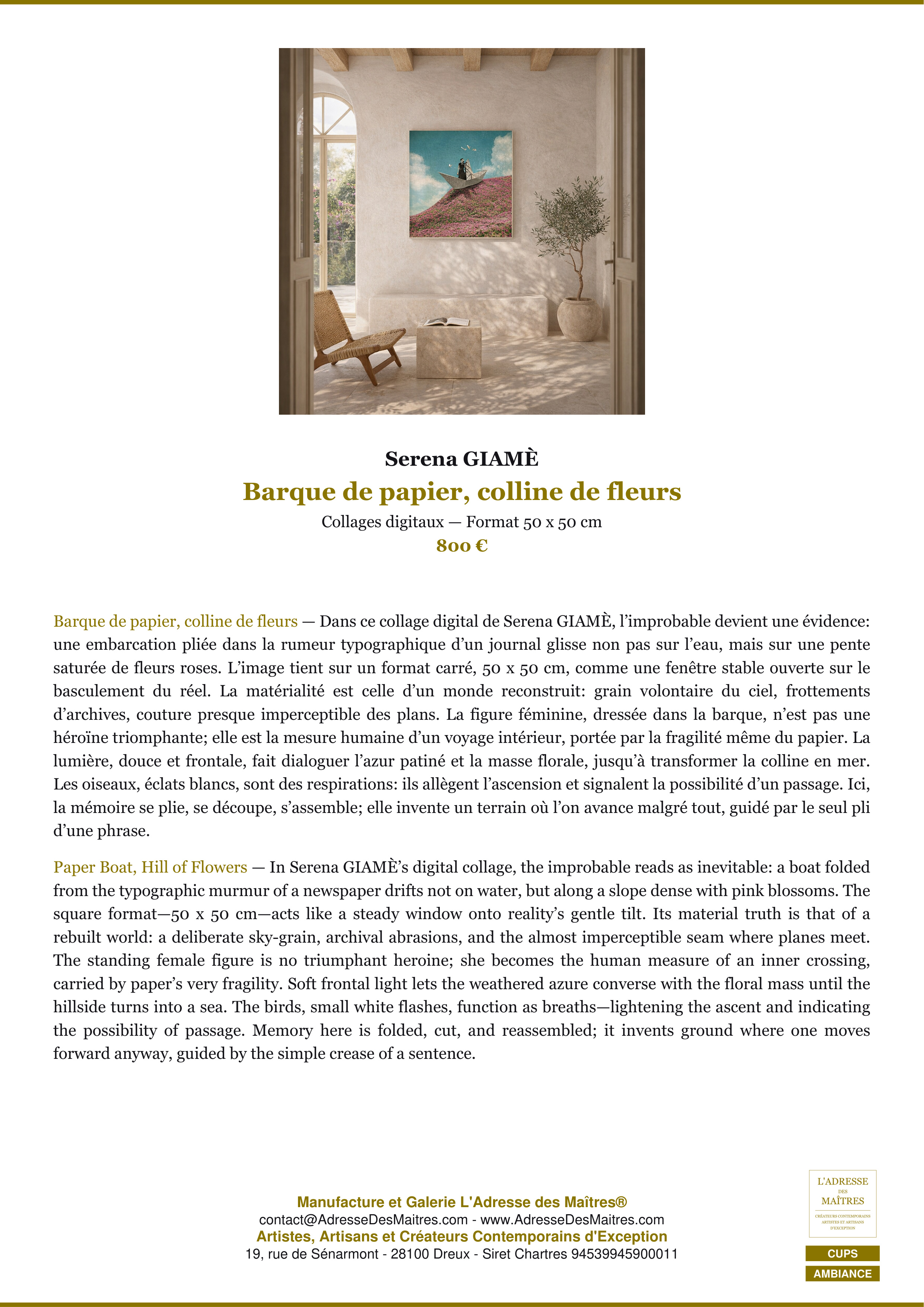 Fiche Premium Ambiance — Barque de papier, colline de fleurs — Serena GIAMÈ — L'Adresse des Maîtres®