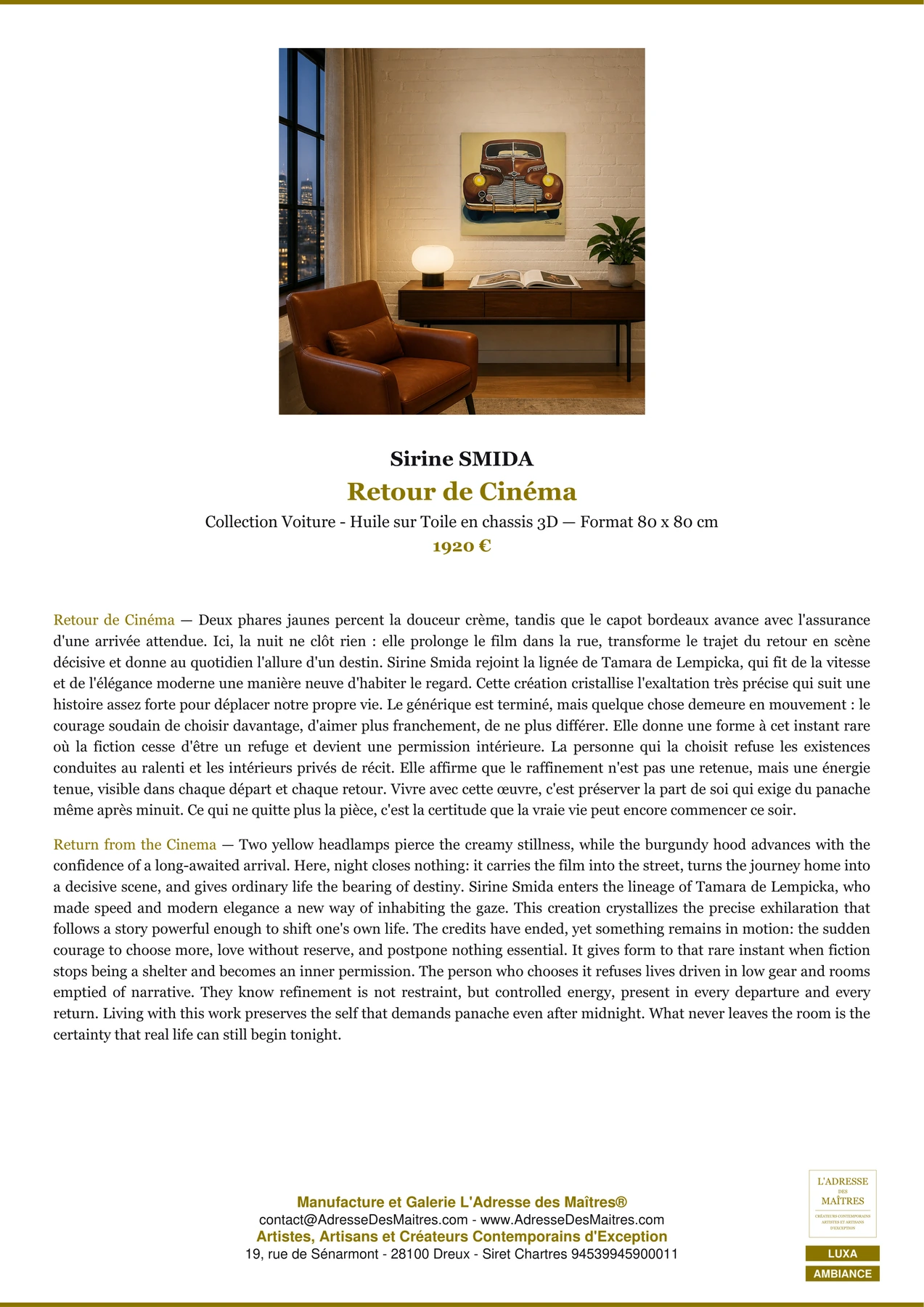Fiche Premium Ambiance - Retour de Cinéma - Sirine SMIDA - L'Adresse des Maîtres®
