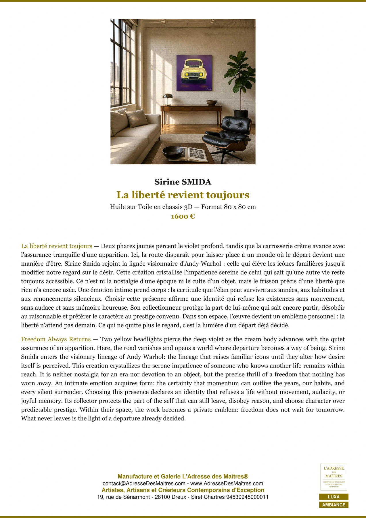 Fiche Premium Ambiance — La liberté revient toujours — Sirine SMIDA — L'Adresse des Maîtres®