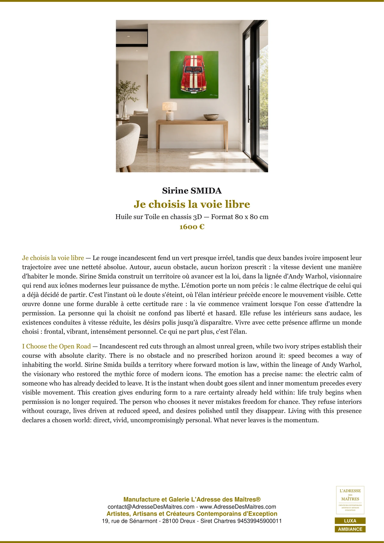 Fiche Premium Ambiance — Je choisis la voie libre — Sirine SMIDA — L'Adresse des Maîtres®