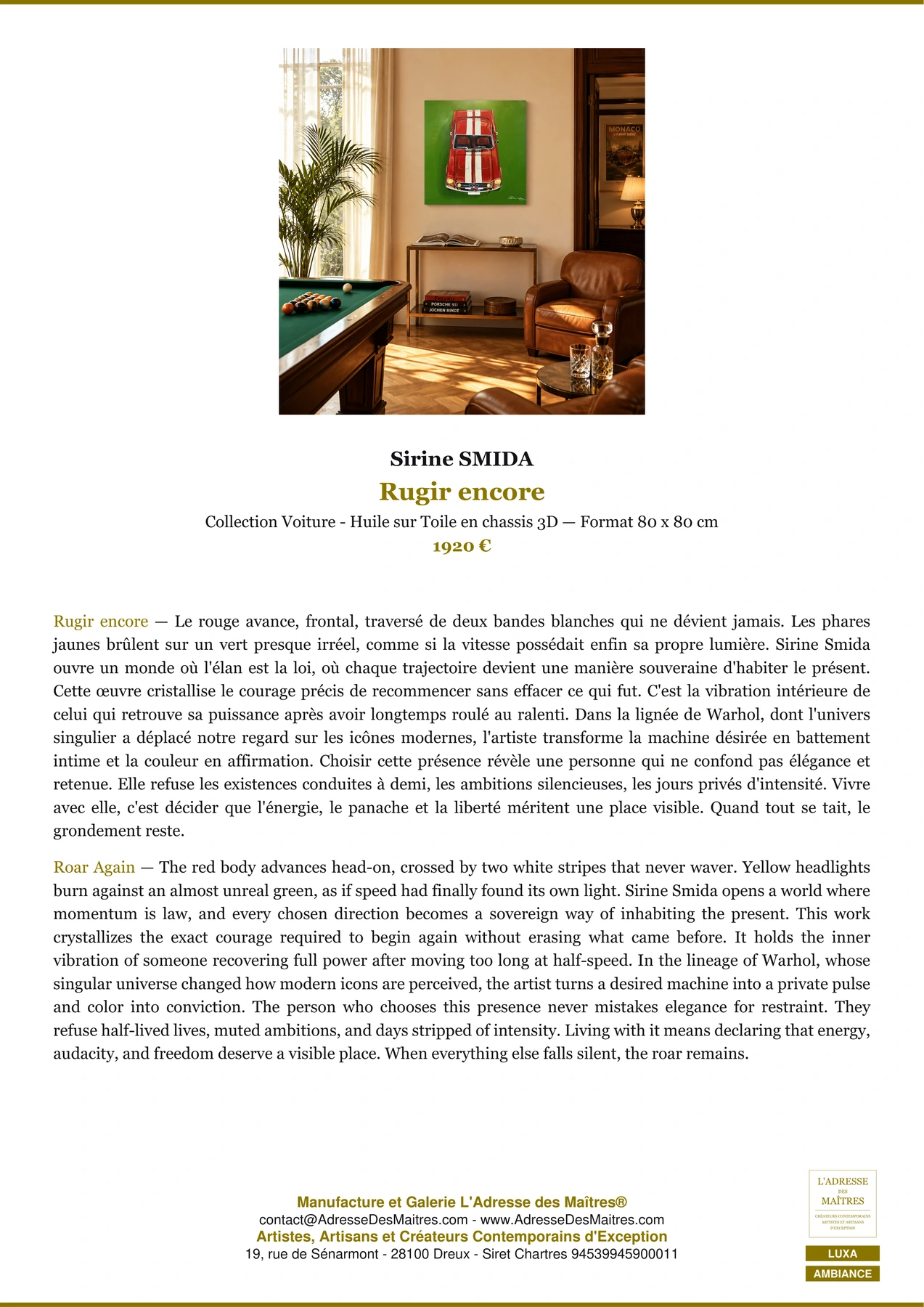 Fiche Premium Ambiance - Rugir encore - Sirine SMIDA - L'Adresse des Maîtres®