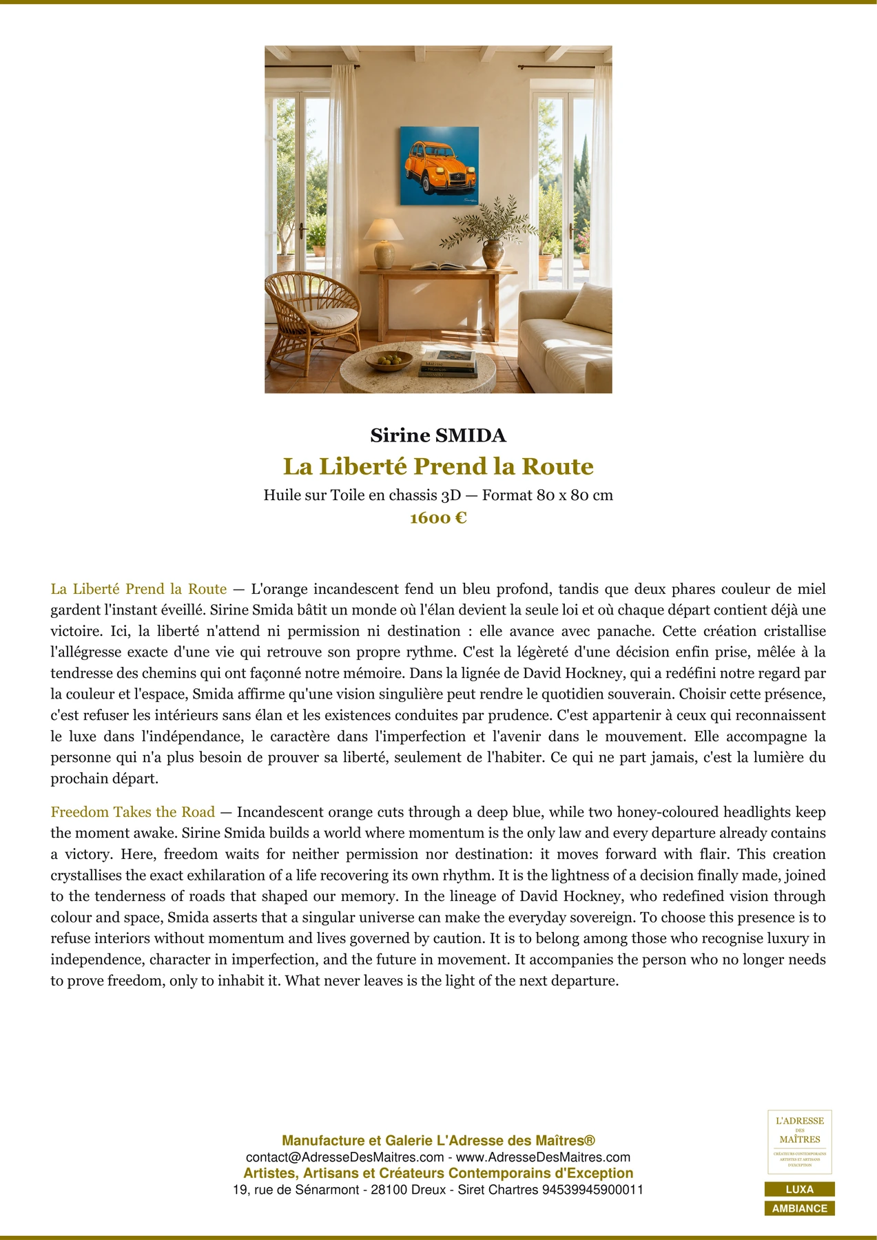 Fiche Premium Ambiance — La Liberté Prend la Route — Sirine SMIDA — L'Adresse des Maîtres®