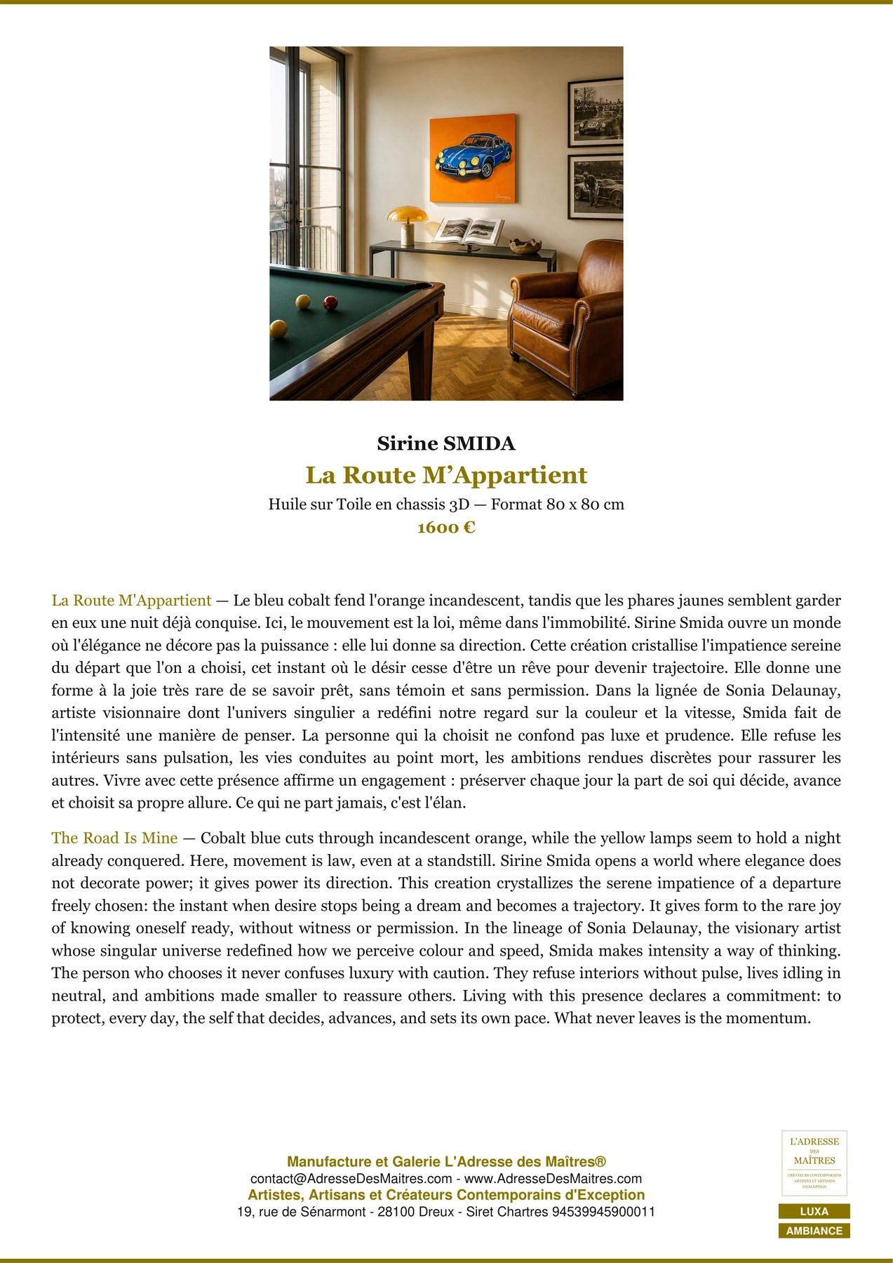 Fiche Premium Ambiance — La Route M’Appartient — Sirine SMIDA — L'Adresse des Maîtres®