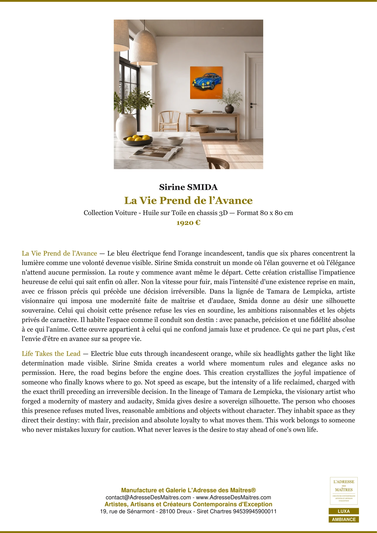 Fiche Premium Ambiance - La Vie Prend de l’Avance - Sirine SMIDA - L'Adresse des Maîtres®