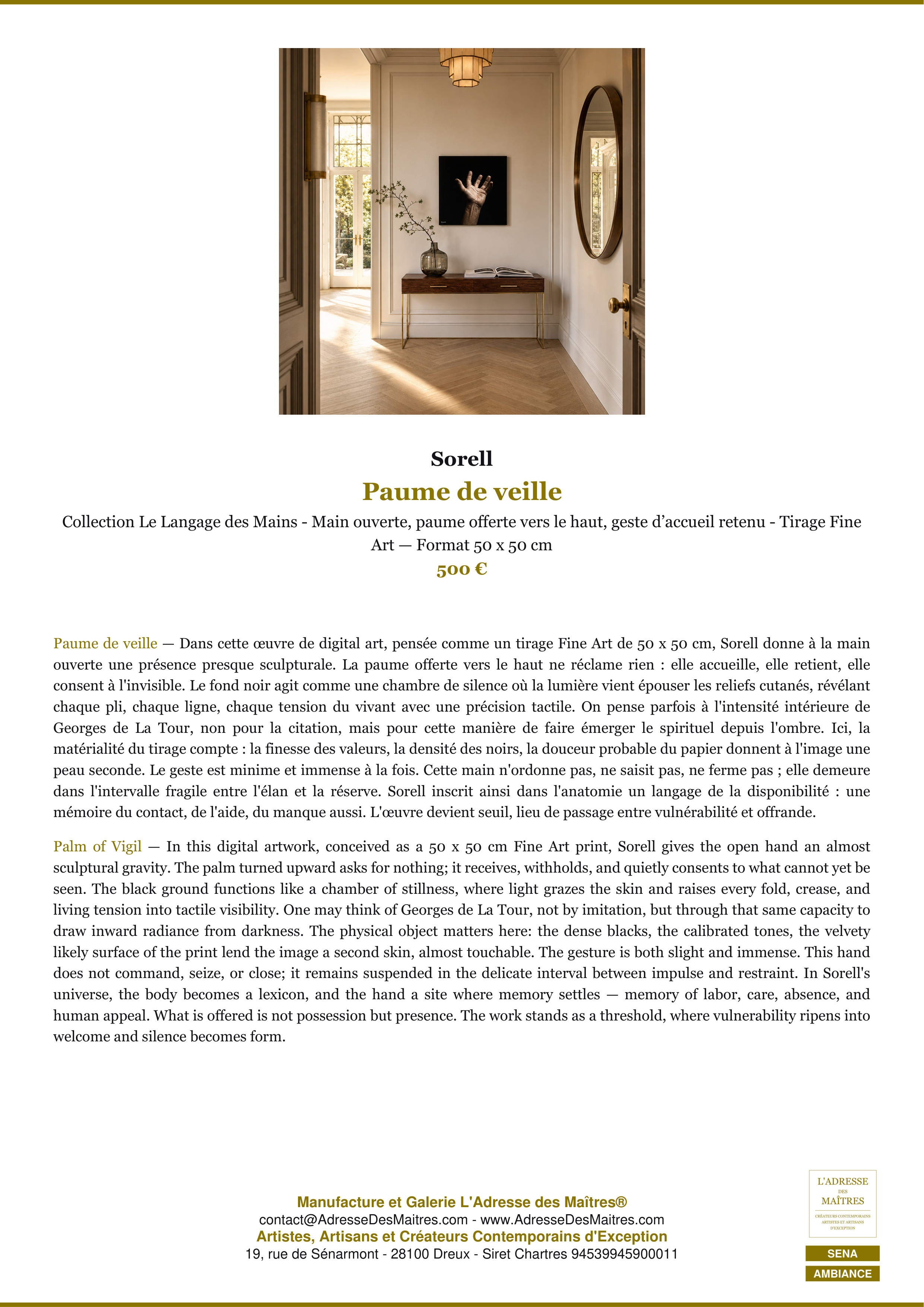 Fiche Premium Ambiance — Paume de veille — Sorell — L'Adresse des Maîtres®