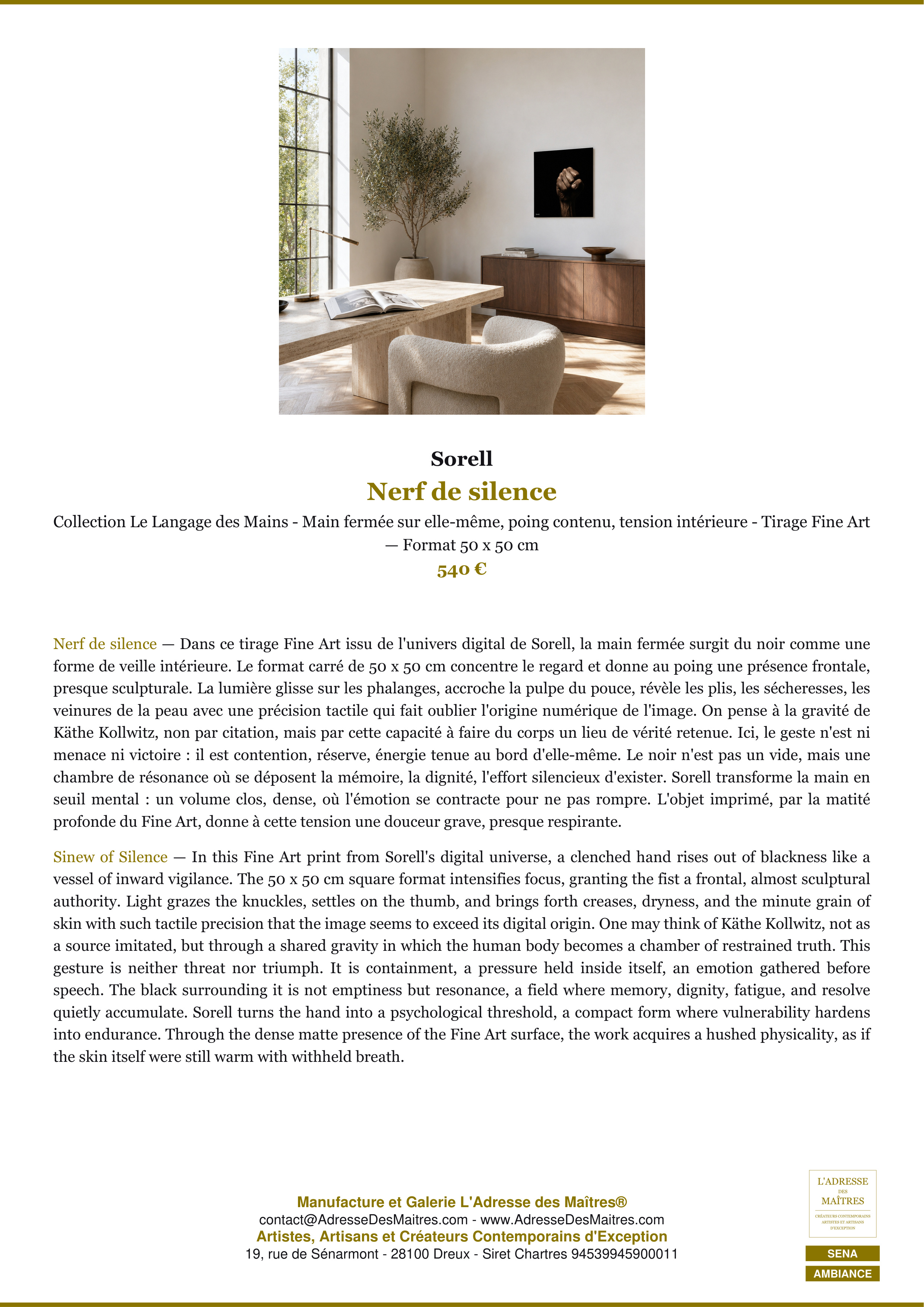 Fiche Premium Ambiance — Nerf de silence — Sorell — L'Adresse des Maîtres®