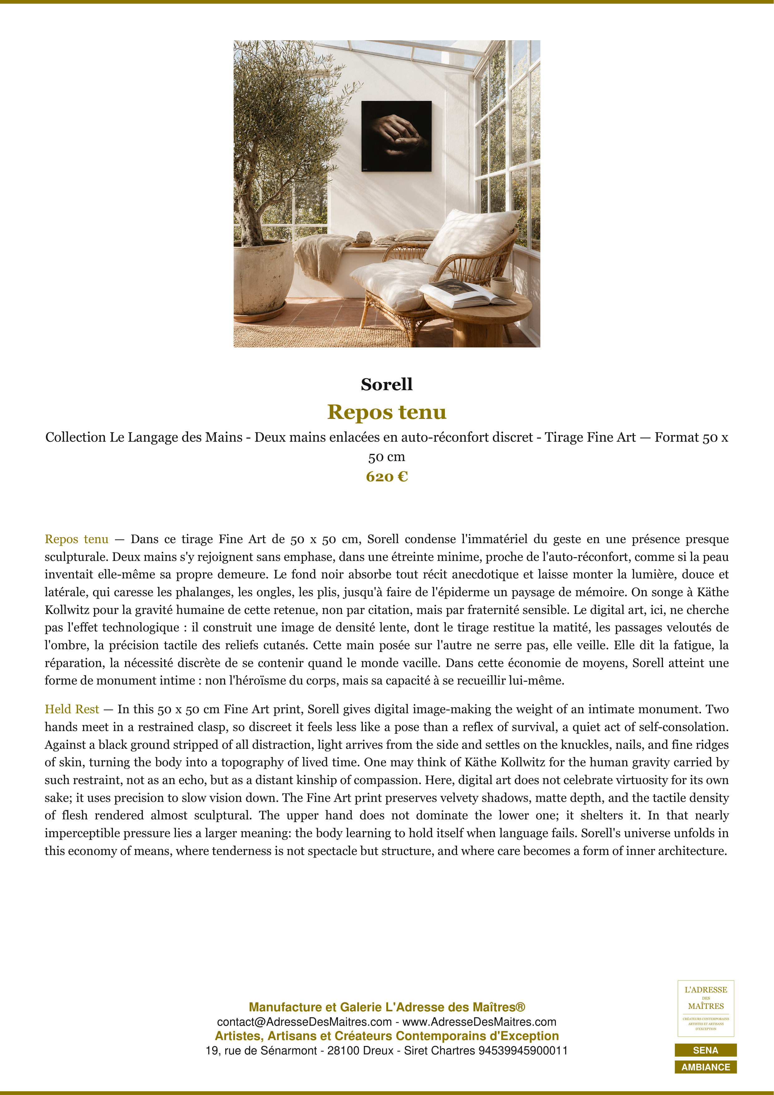 Fiche Premium Ambiance — Repos tenu — Sorell — L'Adresse des Maîtres®
