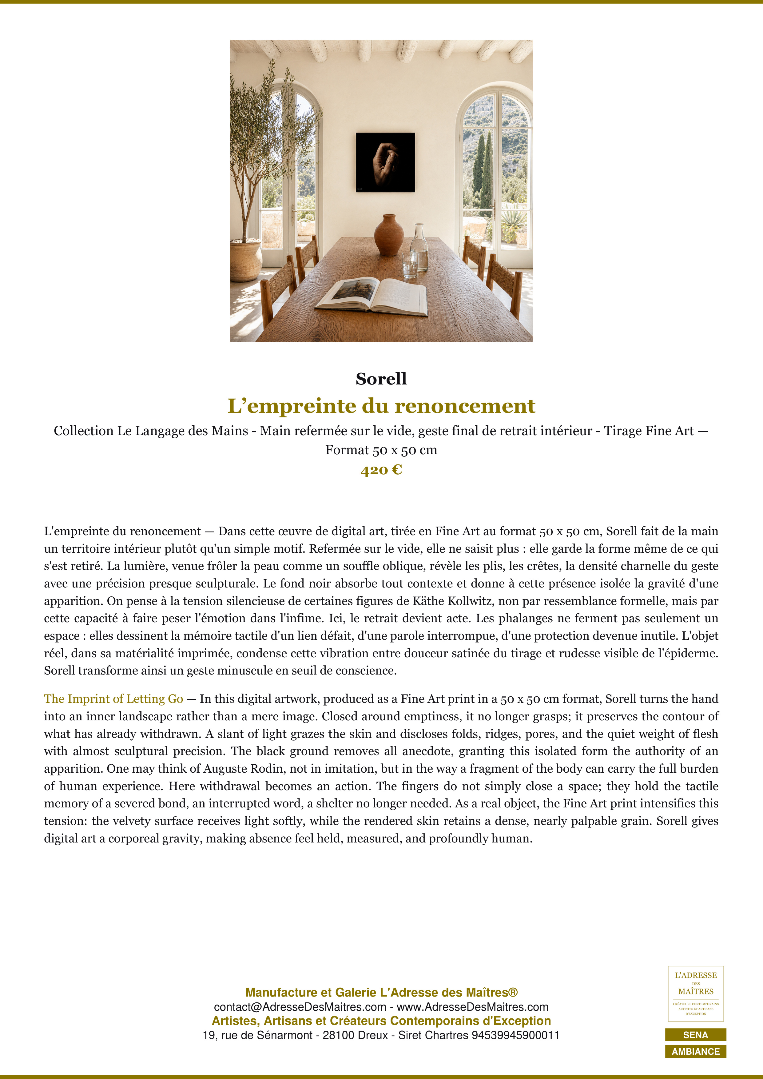 Fiche Premium Ambiance — L’empreinte du renoncement — Sorell — L'Adresse des Maîtres®