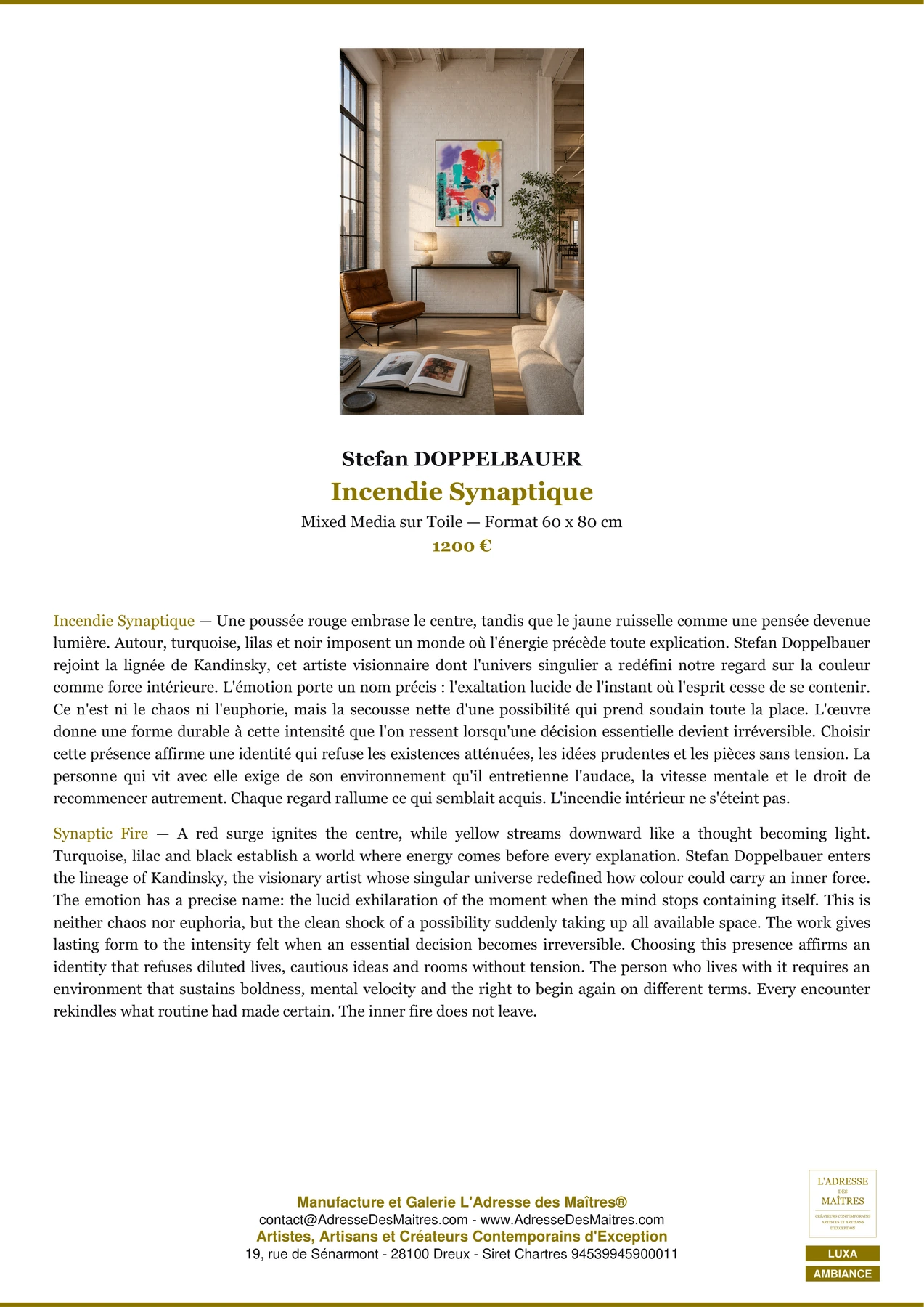 Fiche Premium Ambiance — Incendie Synaptique — Stefan DOPPELBAUER — L'Adresse des Maîtres®