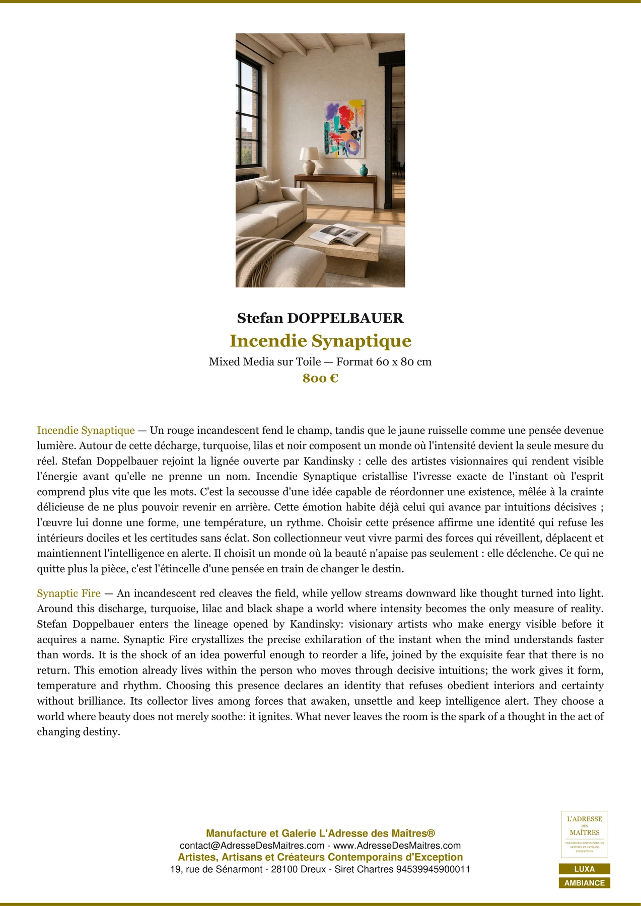 Fiche Premium Ambiance — Incendie Synaptique — Stefan DOPPELBAUER — L'Adresse des Maîtres®