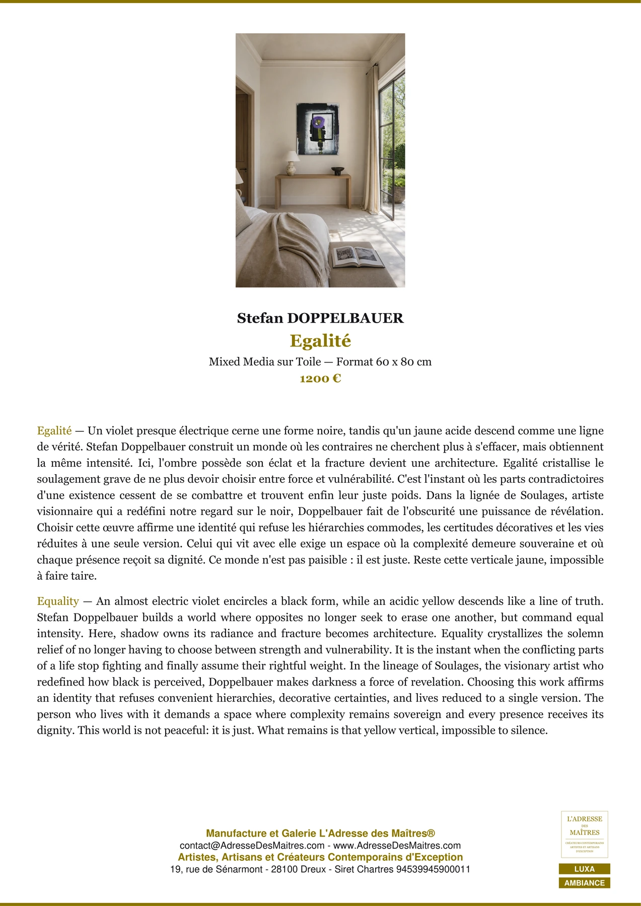 Fiche Premium Ambiance — Egalité — Stefan DOPPELBAUER — L'Adresse des Maîtres®