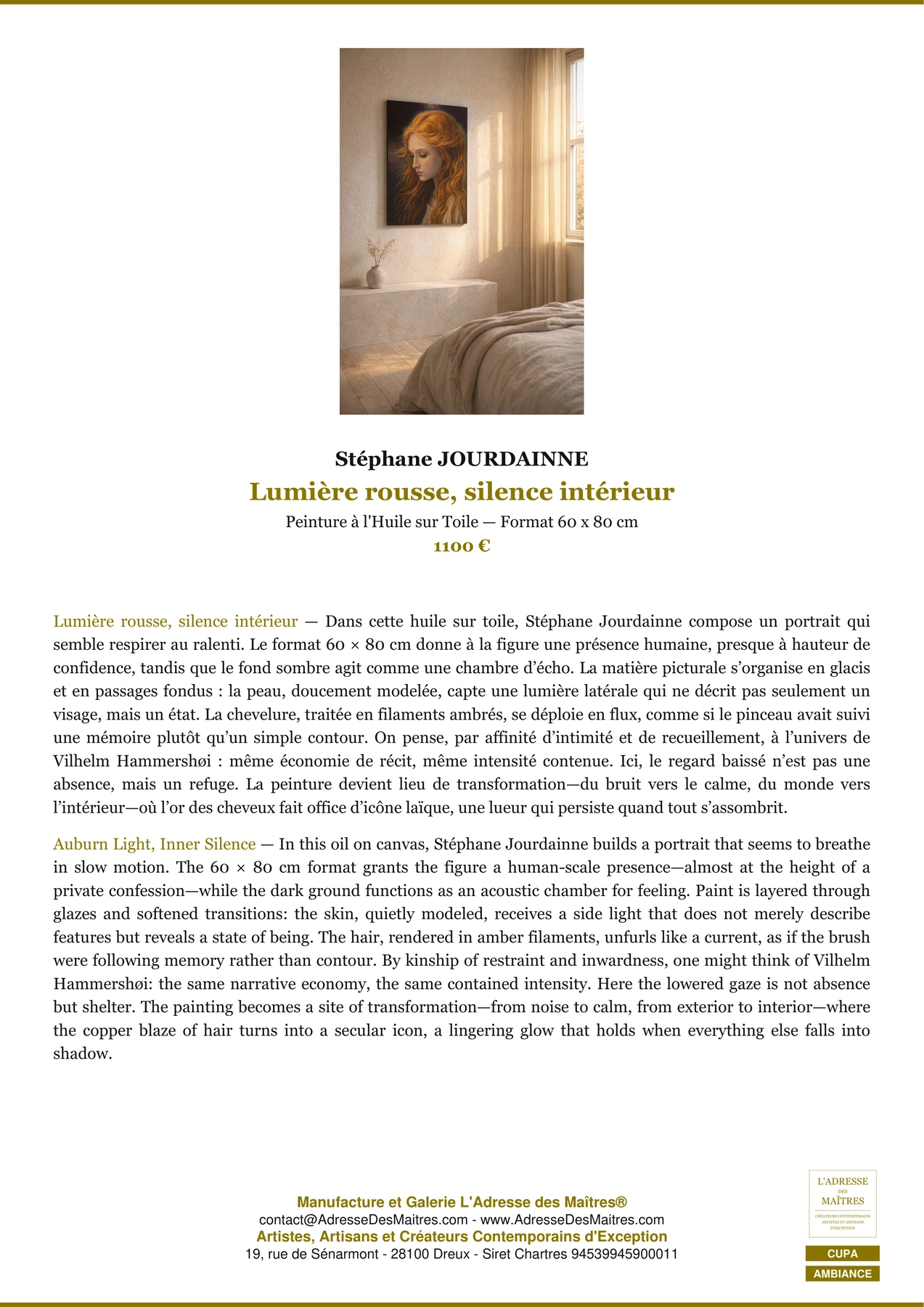 Fiche Premium Ambiance - Lumière rousse, silence intérieur - Stéphane JOURDAINNE - L'Adresse des Maîtres®
