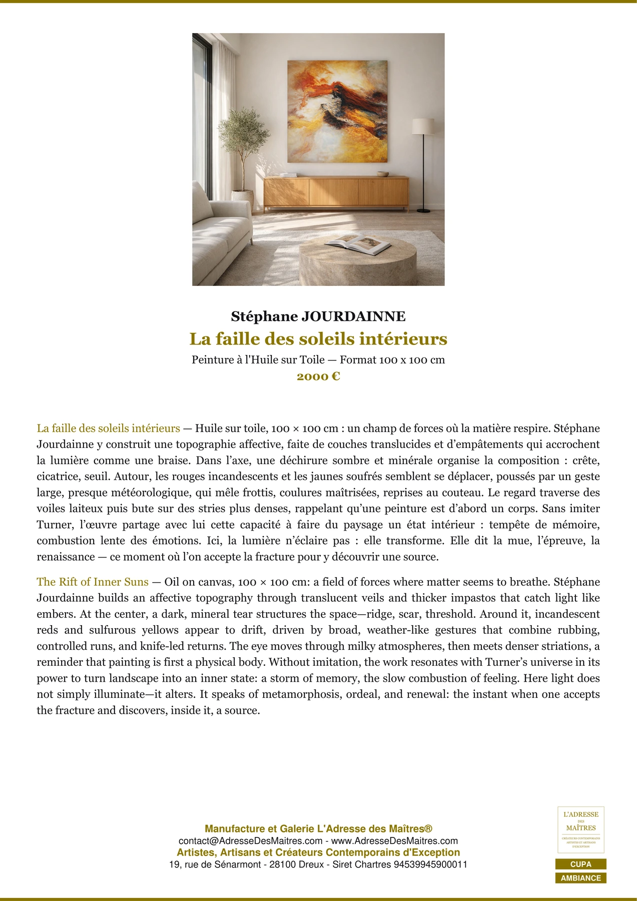 Fiche Premium Ambiance - La faille des soleils intérieurs - Stéphane JOURDAINNE - L'Adresse des Maîtres®