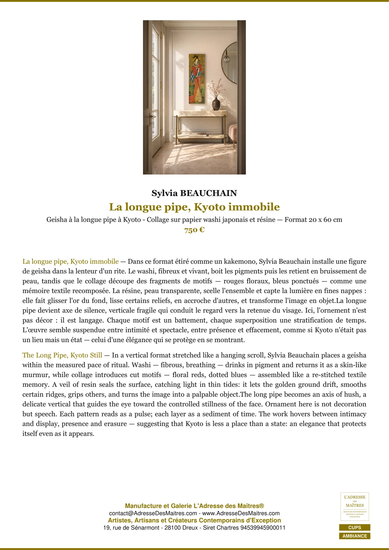 Fiche Premium Ambiance - La longue pipe, Kyoto immobile - Sylvia BEAUCHAIN - L'Adresse des Maîtres®