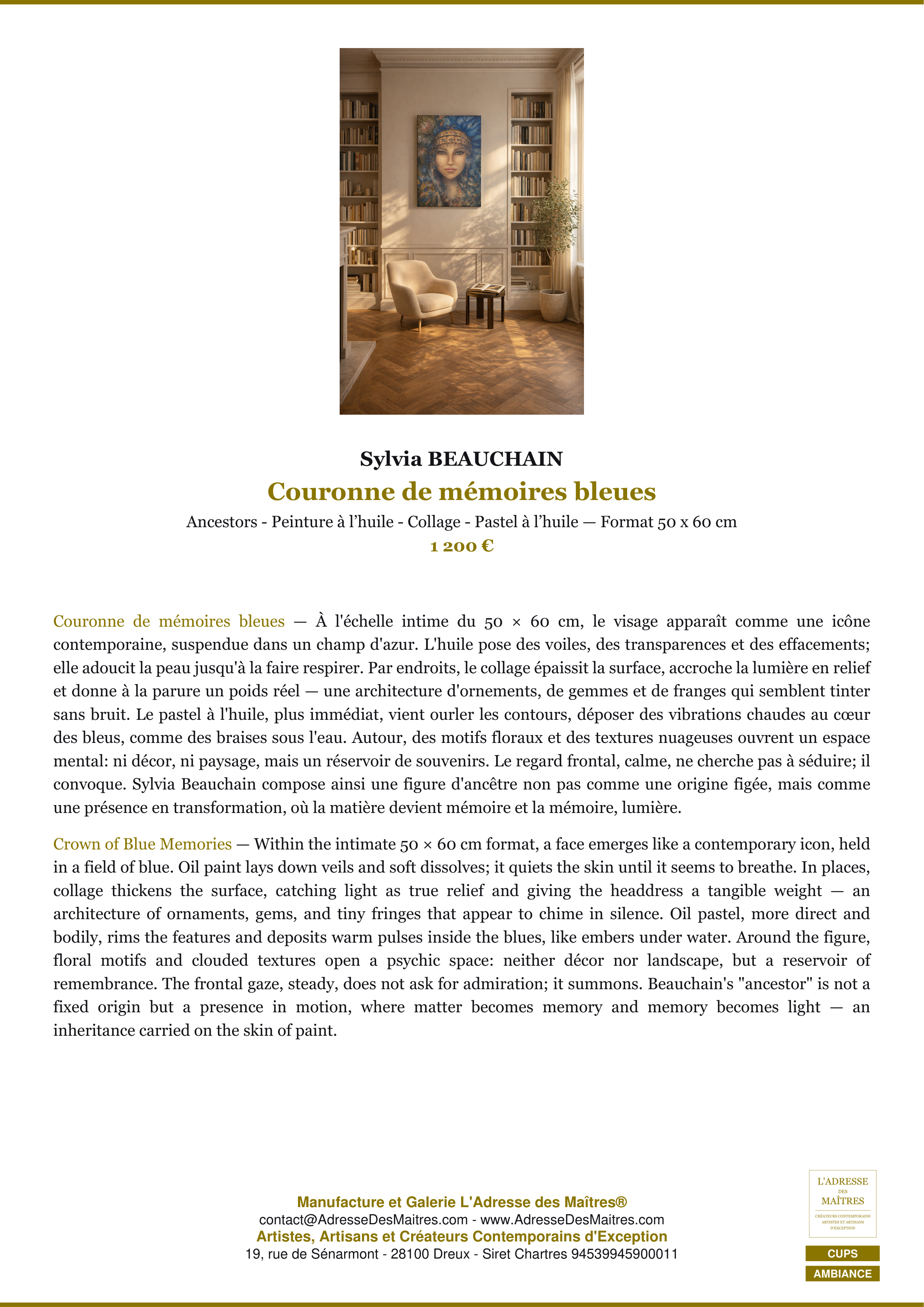 Fiche Premium Ambiance — Couronne de mémoires bleues — Sylvia BEAUCHAIN — L'Adresse des Maîtres®