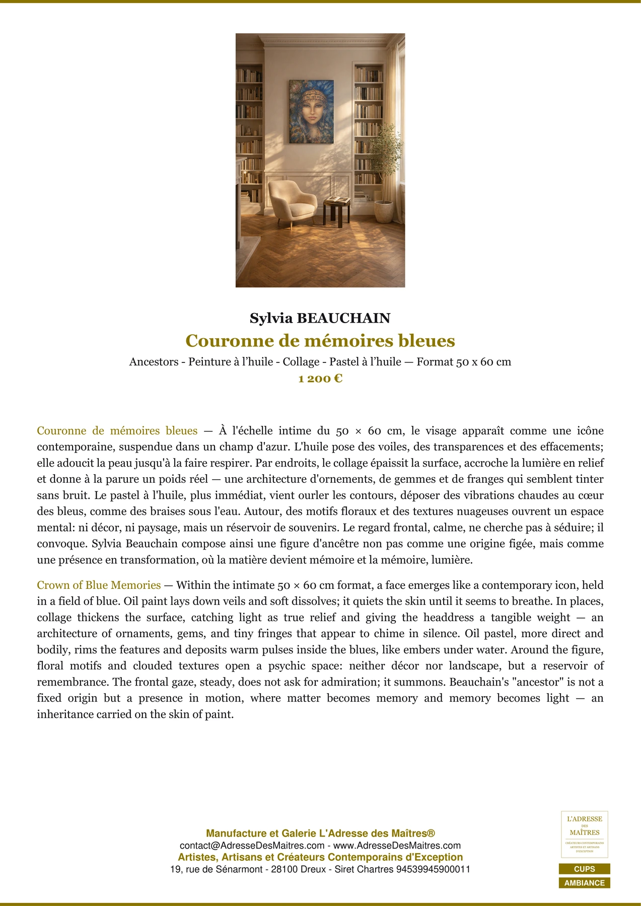 Fiche Premium Ambiance - Couronne de mémoires bleues - Sylvia BEAUCHAIN - L'Adresse des Maîtres®