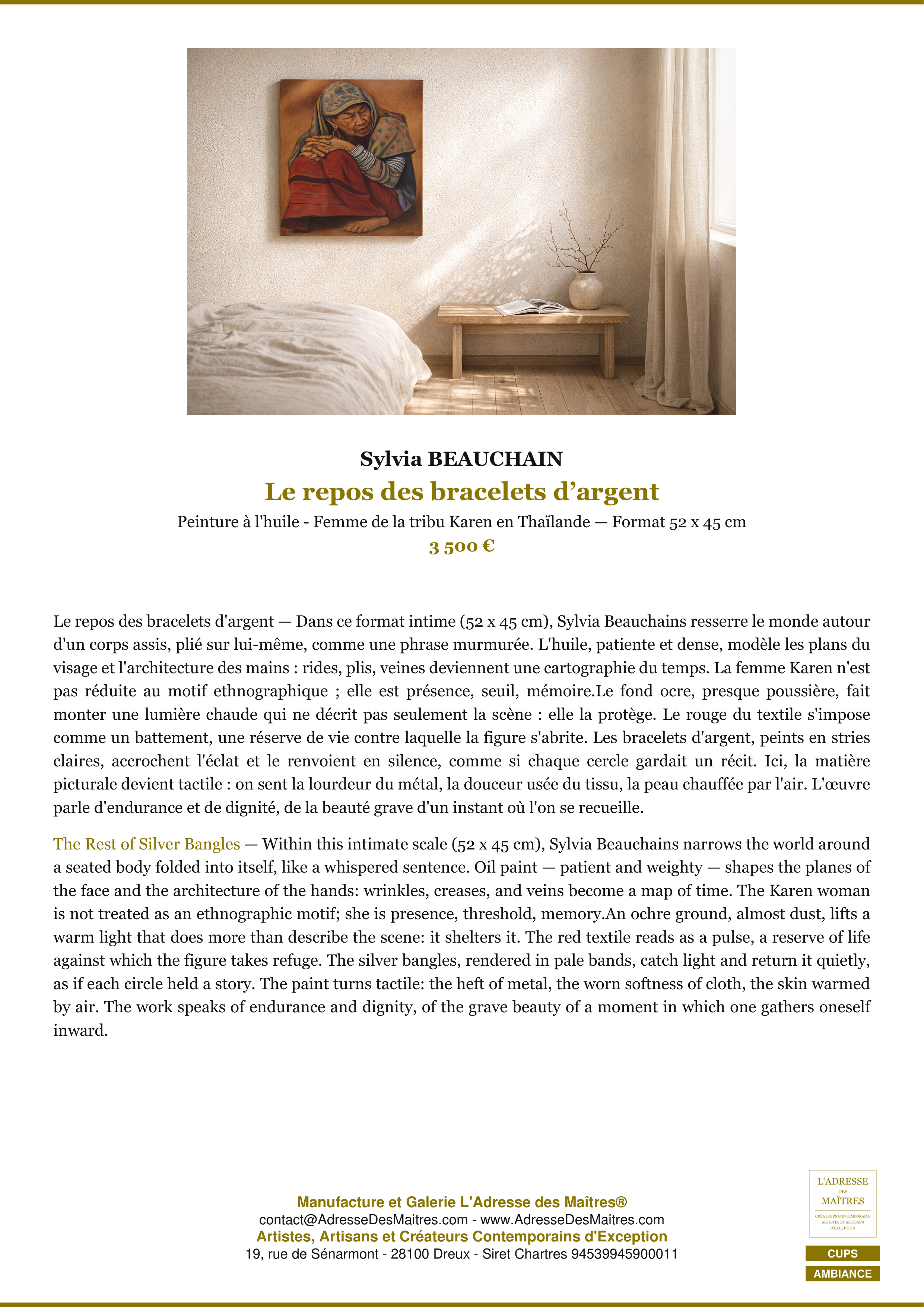 Fiche Premium Ambiance — Le repos des bracelets d’argent — Sylvia BEAUCHAIN — L'Adresse des Maîtres®